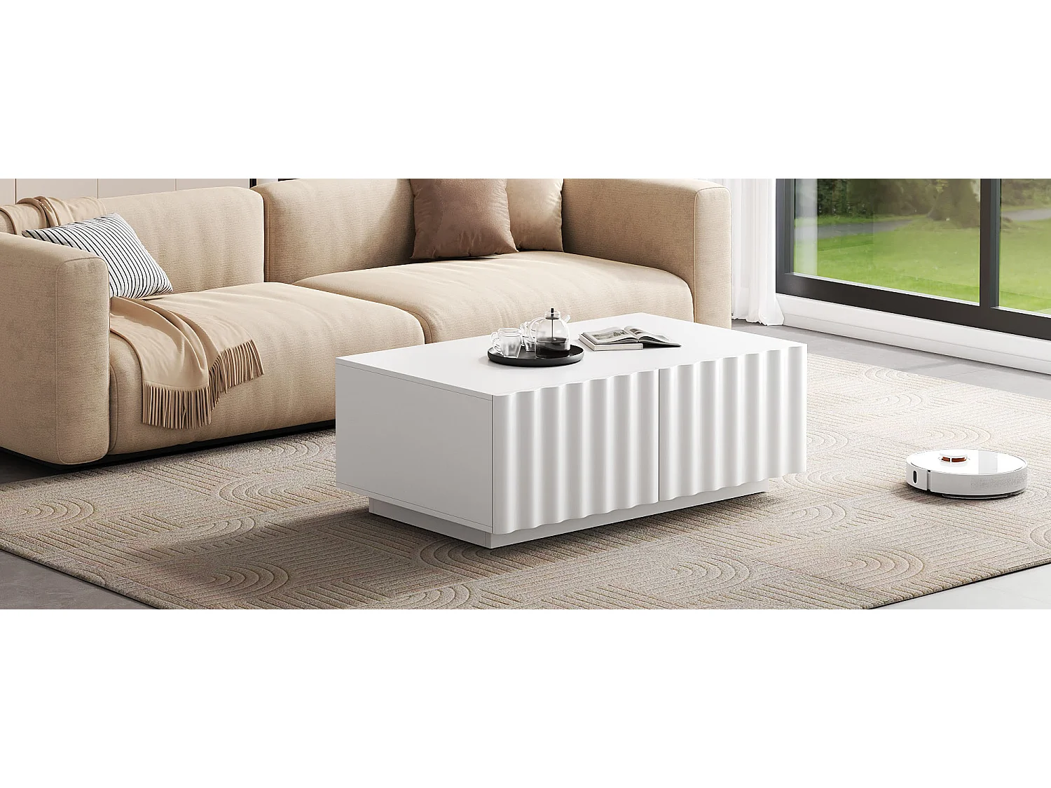 Couchtisch mit Wellenmuster – 100 x 50 x 40 cm – mit 2 Schubladen – modern und minimalistisch – MDF + Spanplatte – weiß