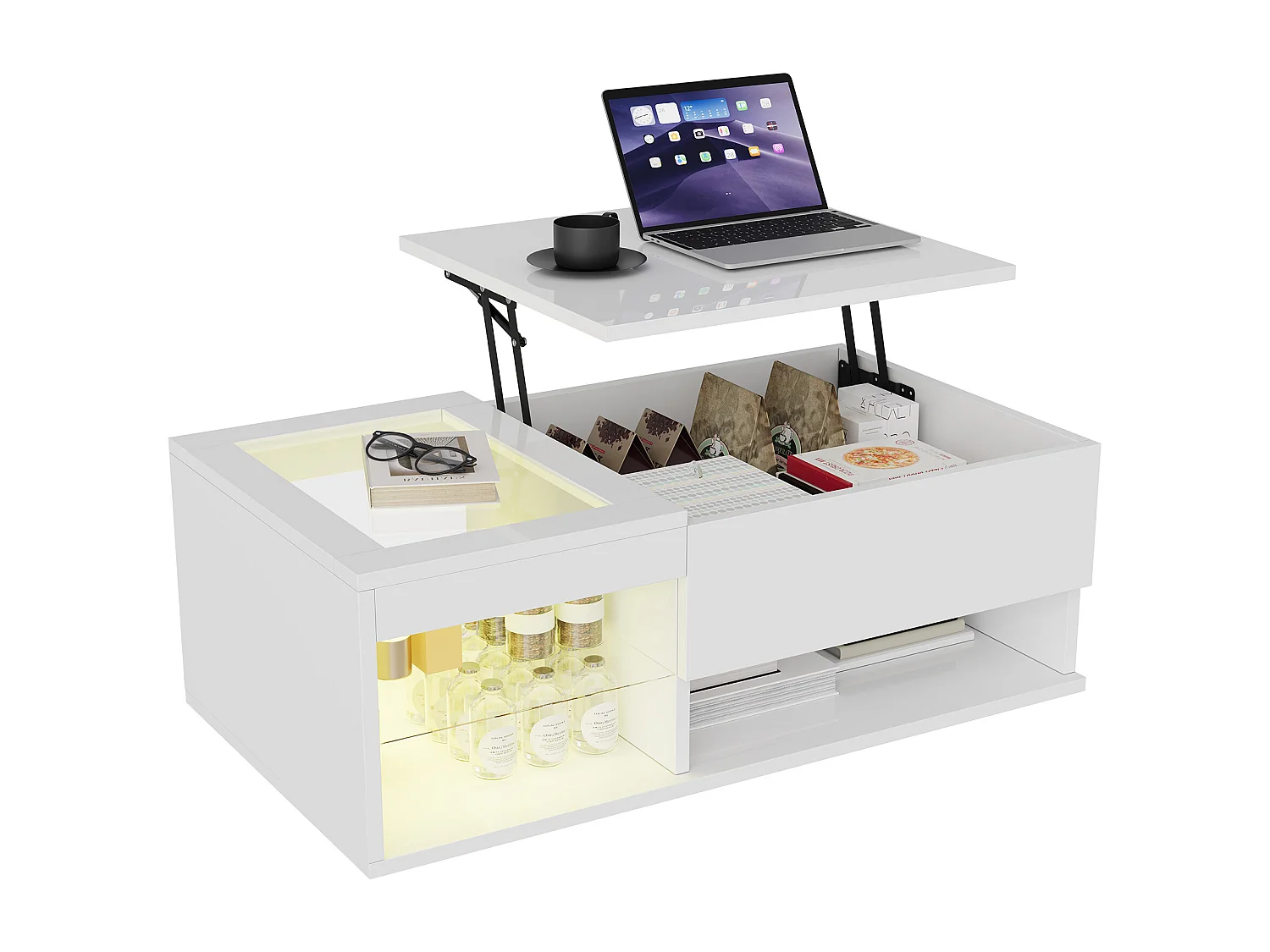 Salontafel met opklapbaar blad, ledverlichting, open opbergruimte en verborgen vak, 100 x 55 x 35 cm, wit