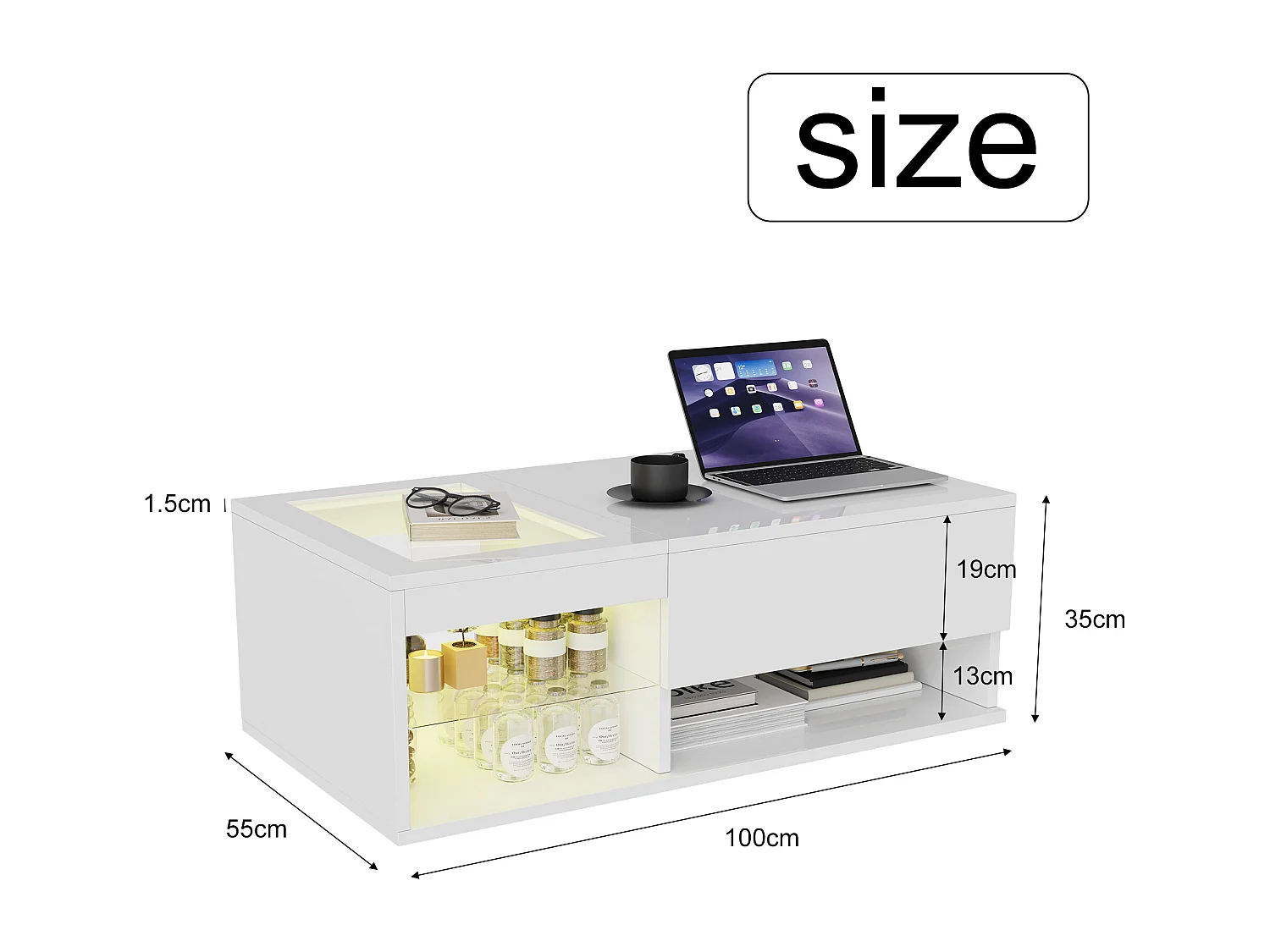 Salontafel met opklapbaar blad, ledverlichting, open opbergruimte en verborgen vak, 100 x 55 x 35 cm, wit