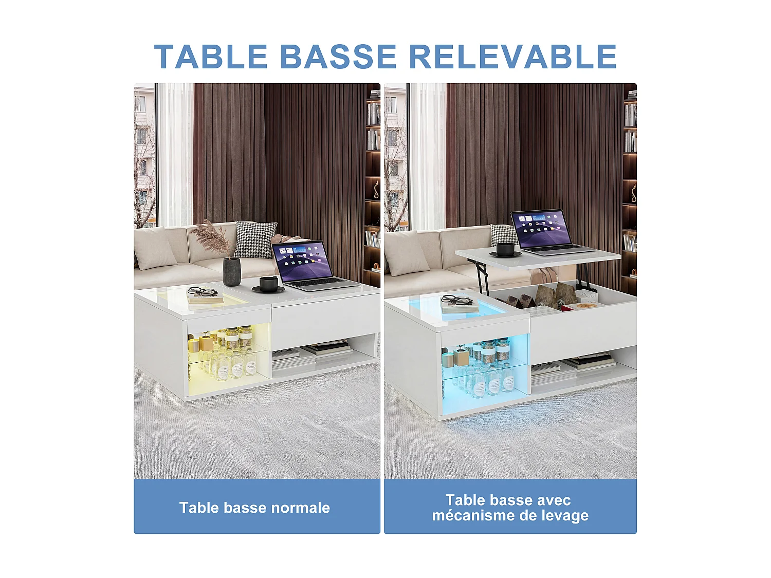 Salontafel met opklapbaar blad, ledverlichting, open opbergruimte en verborgen vak, 100 x 55 x 35 cm, wit