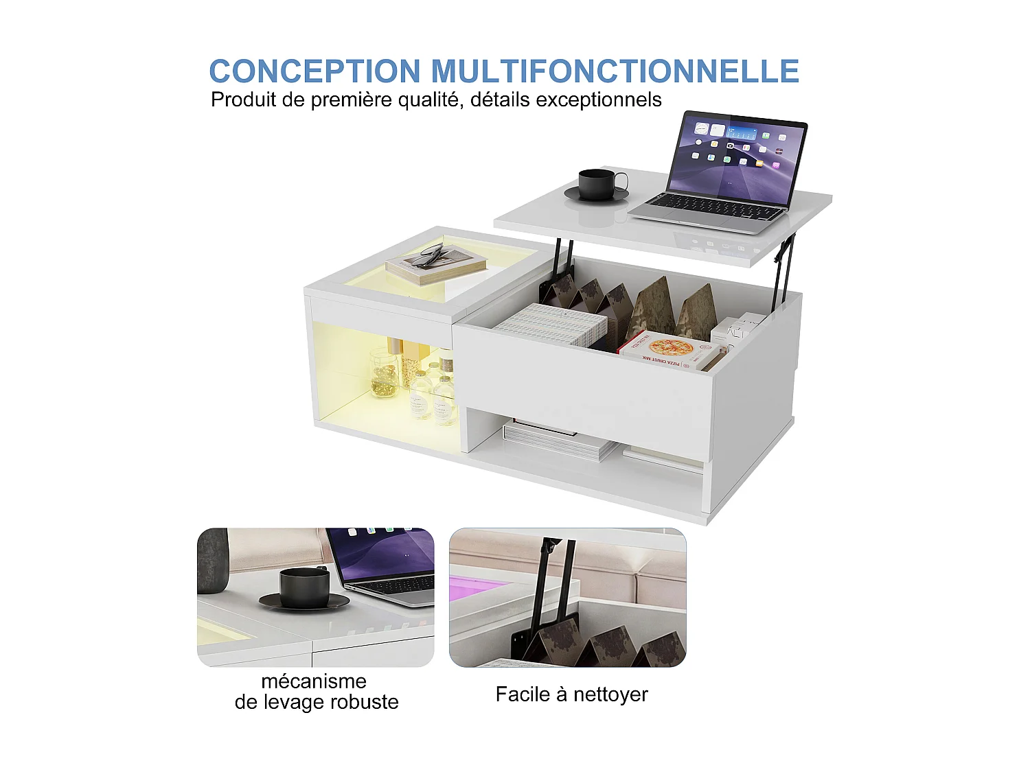 Salontafel met opklapbaar blad, ledverlichting, open opbergruimte en verborgen vak, 100 x 55 x 35 cm, wit