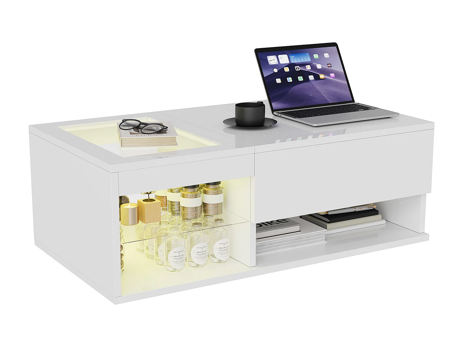 Salontafel met opklapbaar blad, ledverlichting, open opbergruimte en verborgen vak, 100 x 55 x 35 cm, wit