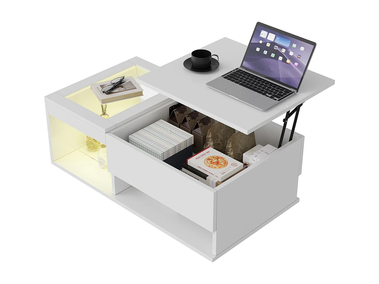 Salontafel met opklapbaar blad, ledverlichting, open opbergruimte en verborgen vak, 100 x 55 x 35 cm, wit