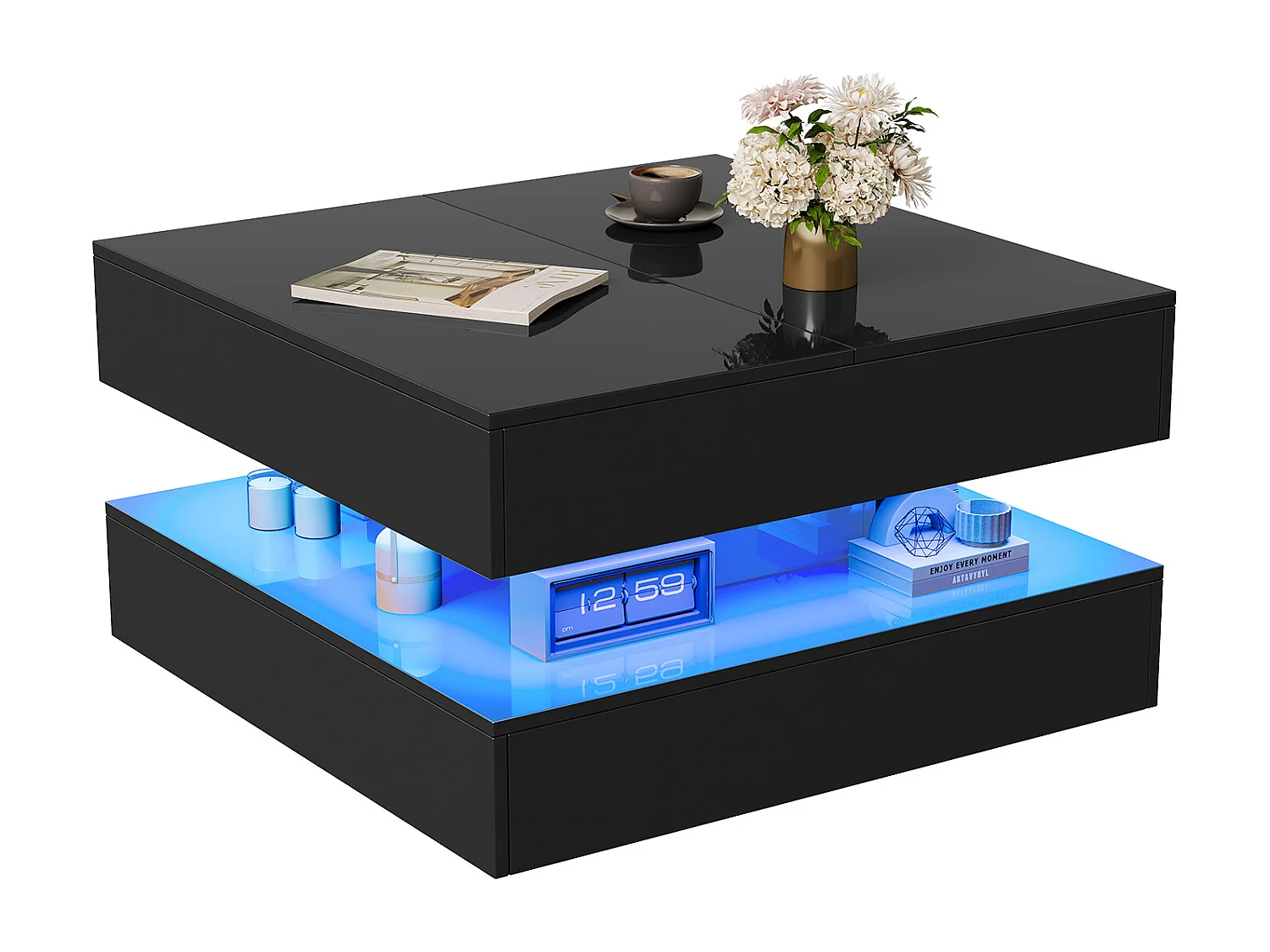 Table Basse avec LED, Tables Basses de Salon avec Espace de Rangement Caché et Tiroir, 78 x 78 x 43 cm, Noir