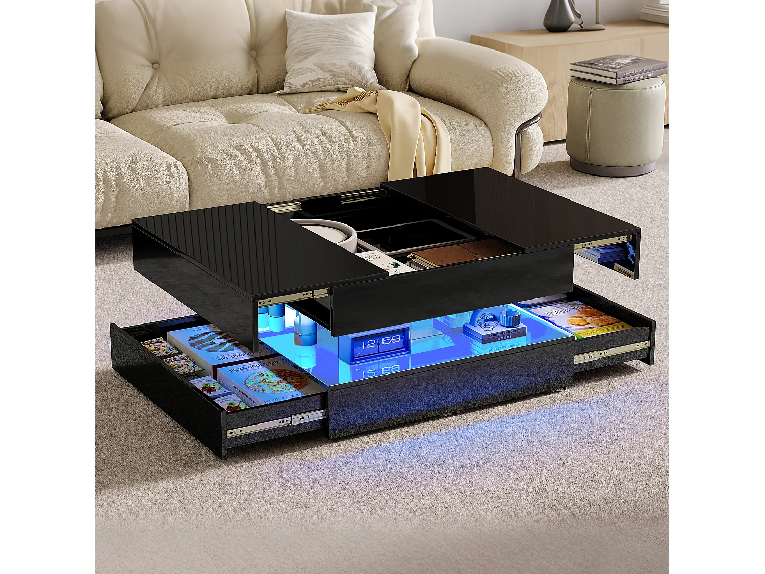 Table Basse avec LED, Tables Basses de Salon avec Espace de Rangement Caché et Tiroir, 78 x 78 x 43 cm, Noir
