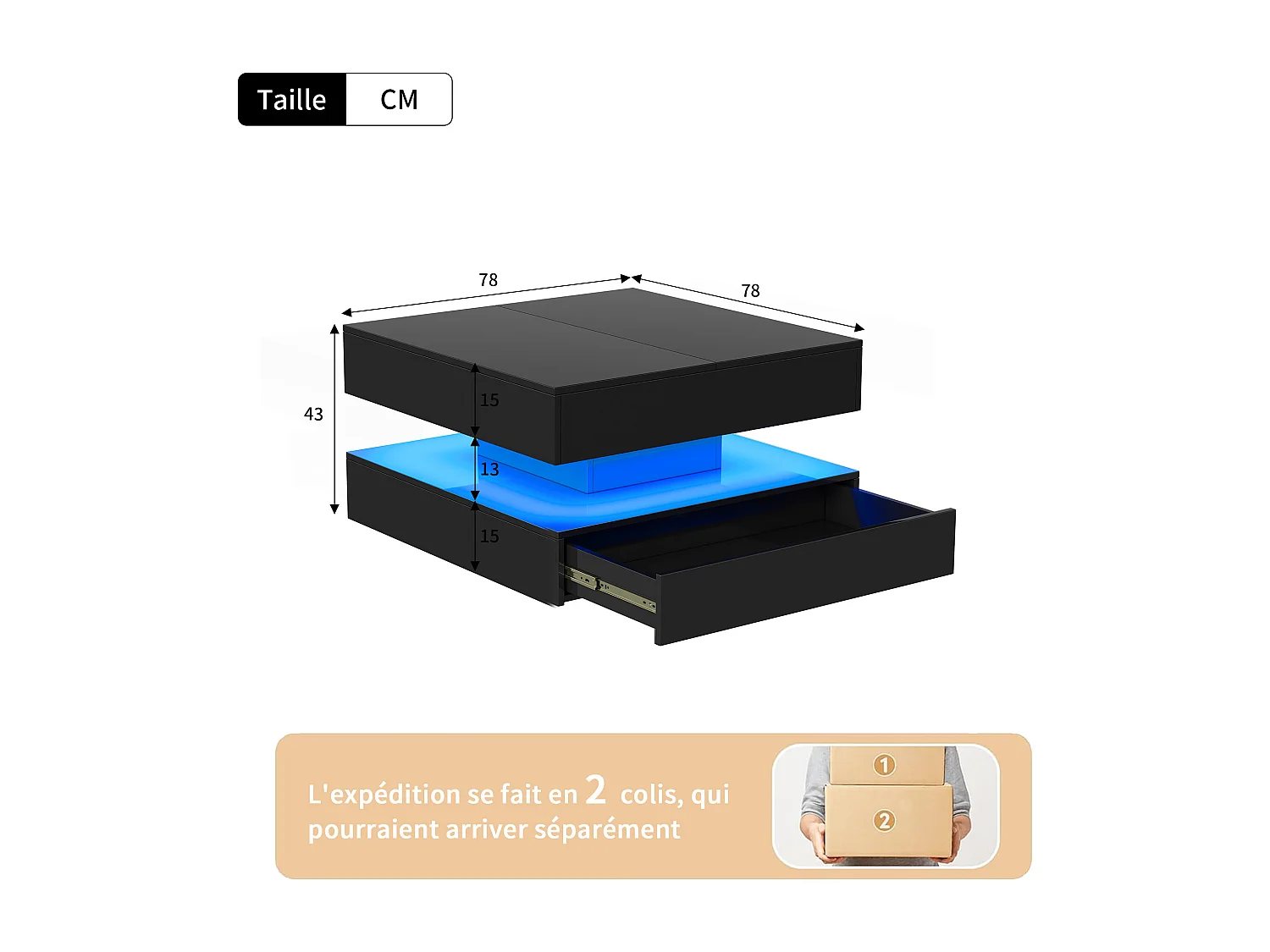 Table Basse avec LED, Tables Basses de Salon avec Espace de Rangement Caché et Tiroir, 78 x 78 x 43 cm, Noir