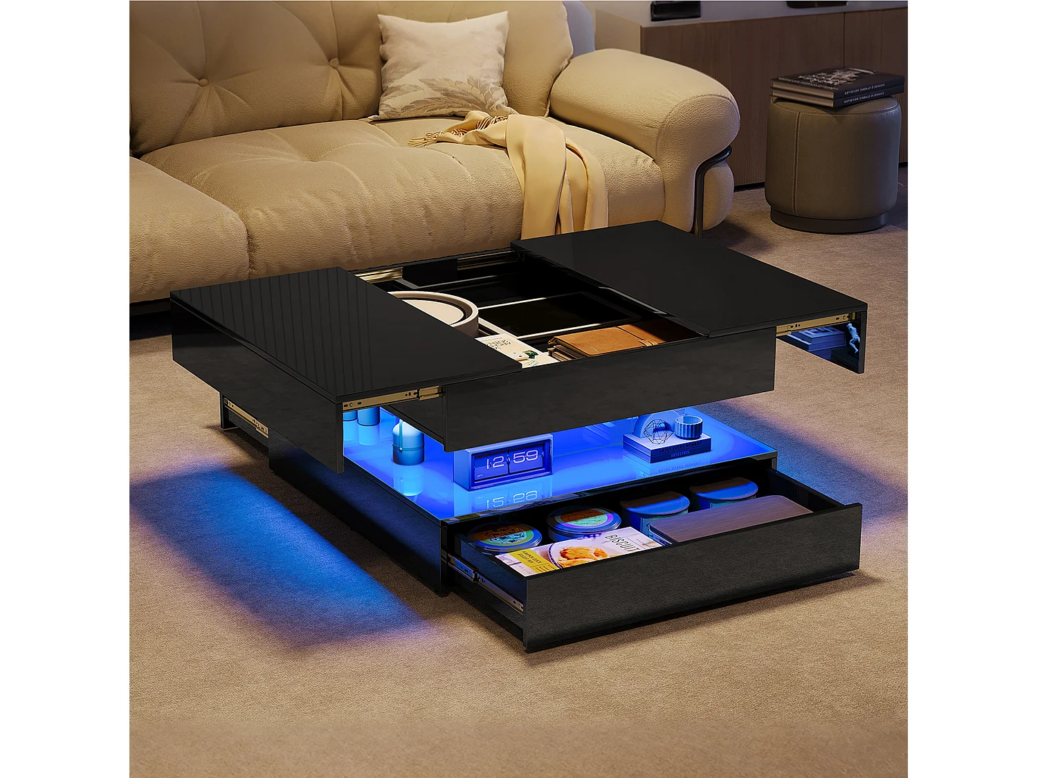 Table Basse avec LED, Tables Basses de Salon avec Espace de Rangement Caché et Tiroir, 78 x 78 x 43 cm, Noir