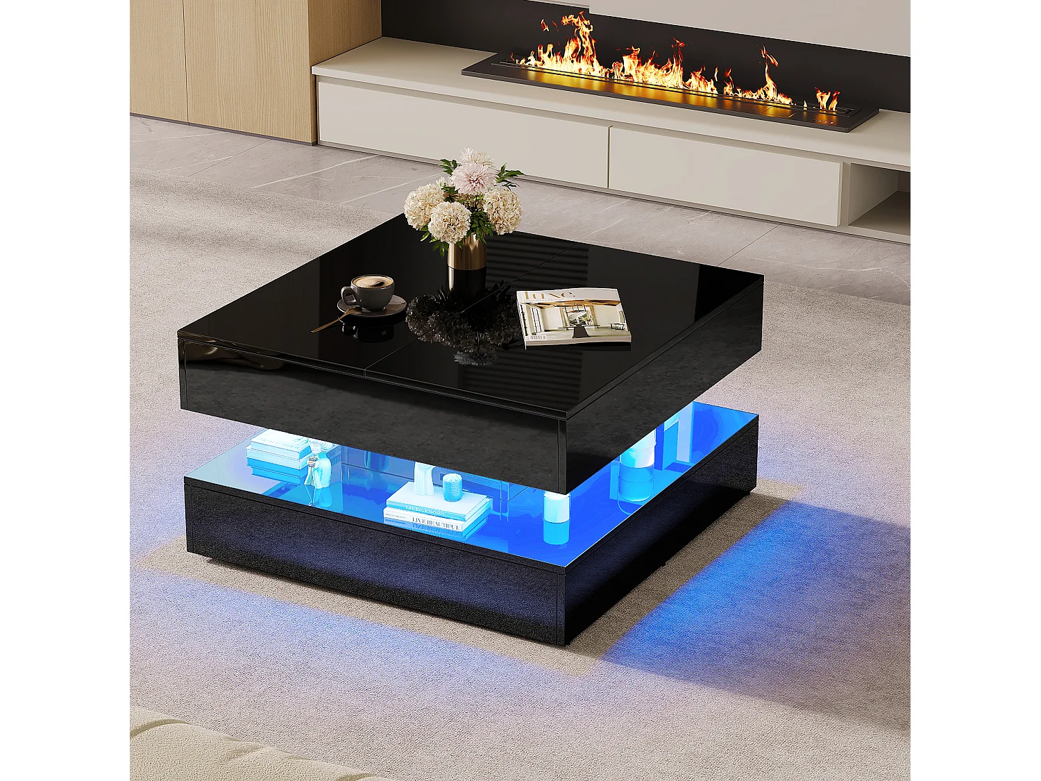 Table Basse avec LED, Tables Basses de Salon avec Espace de Rangement Caché et Tiroir, 78 x 78 x 43 cm, Noir