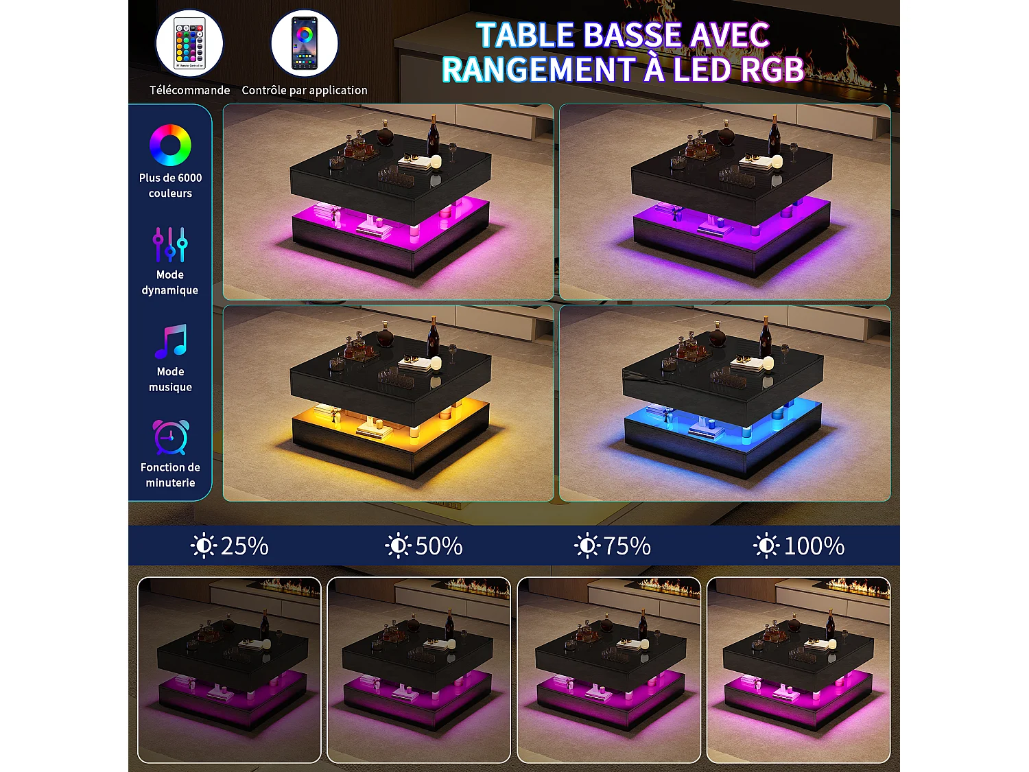 Table Basse avec LED, Tables Basses de Salon avec Espace de Rangement Caché et Tiroir, 78 x 78 x 43 cm, Noir