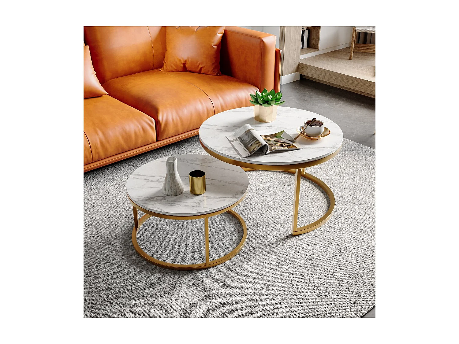 Lot de 2 tables basses gigognes rondes effet marbre, table basse avec structure métal doré, tables salon design moderne