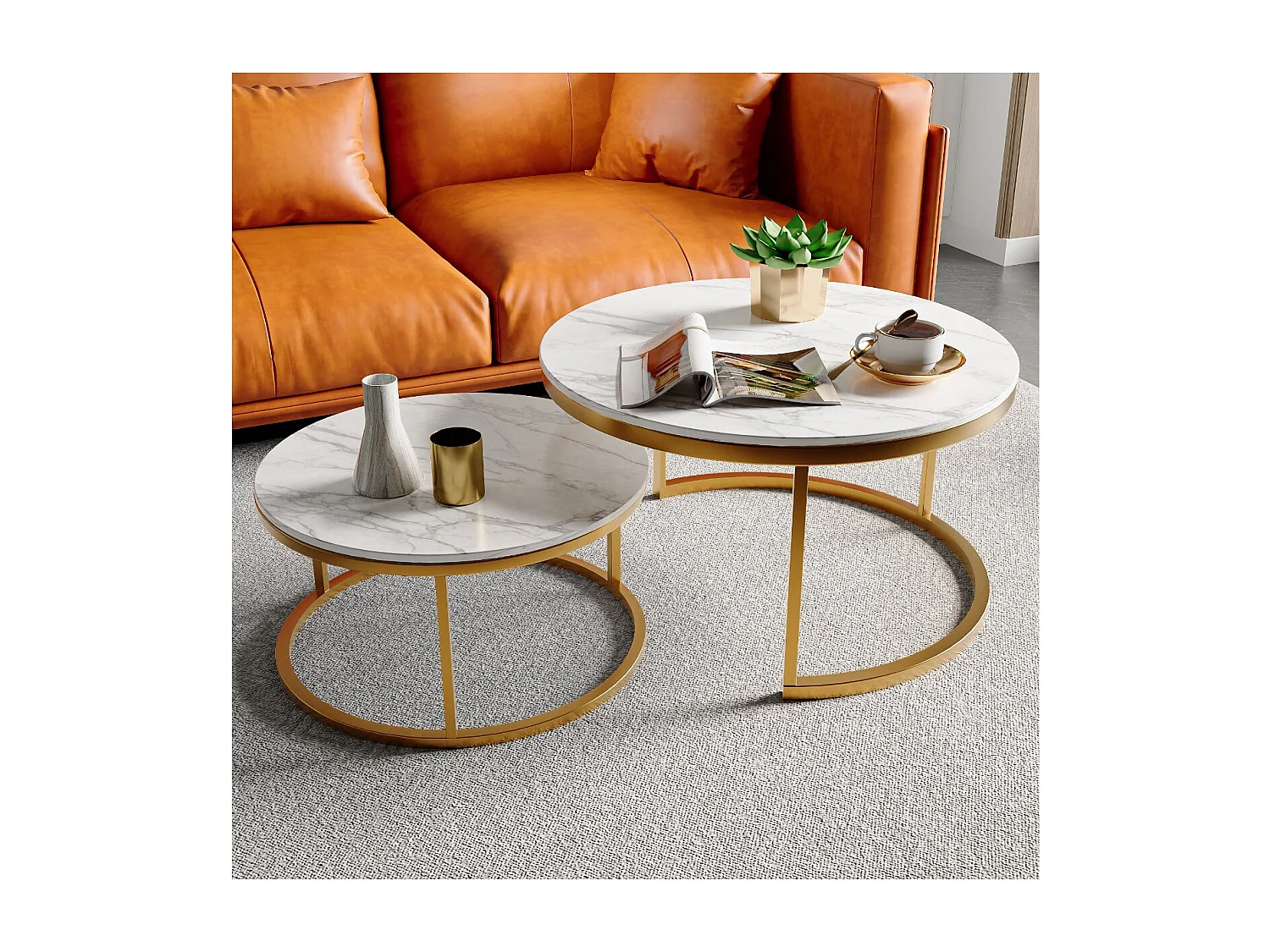 Lot de 2 tables basses gigognes rondes effet marbre, table basse avec structure métal doré, tables salon design moderne
