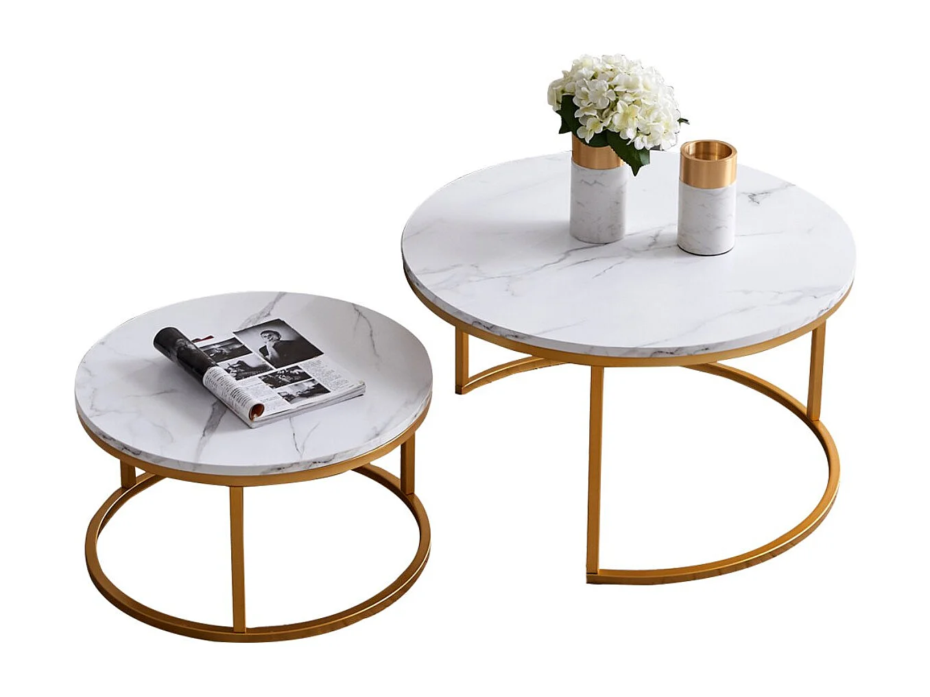 Lot de 2 tables basses gigognes rondes effet marbre, table basse avec structure métal doré, tables salon design moderne
