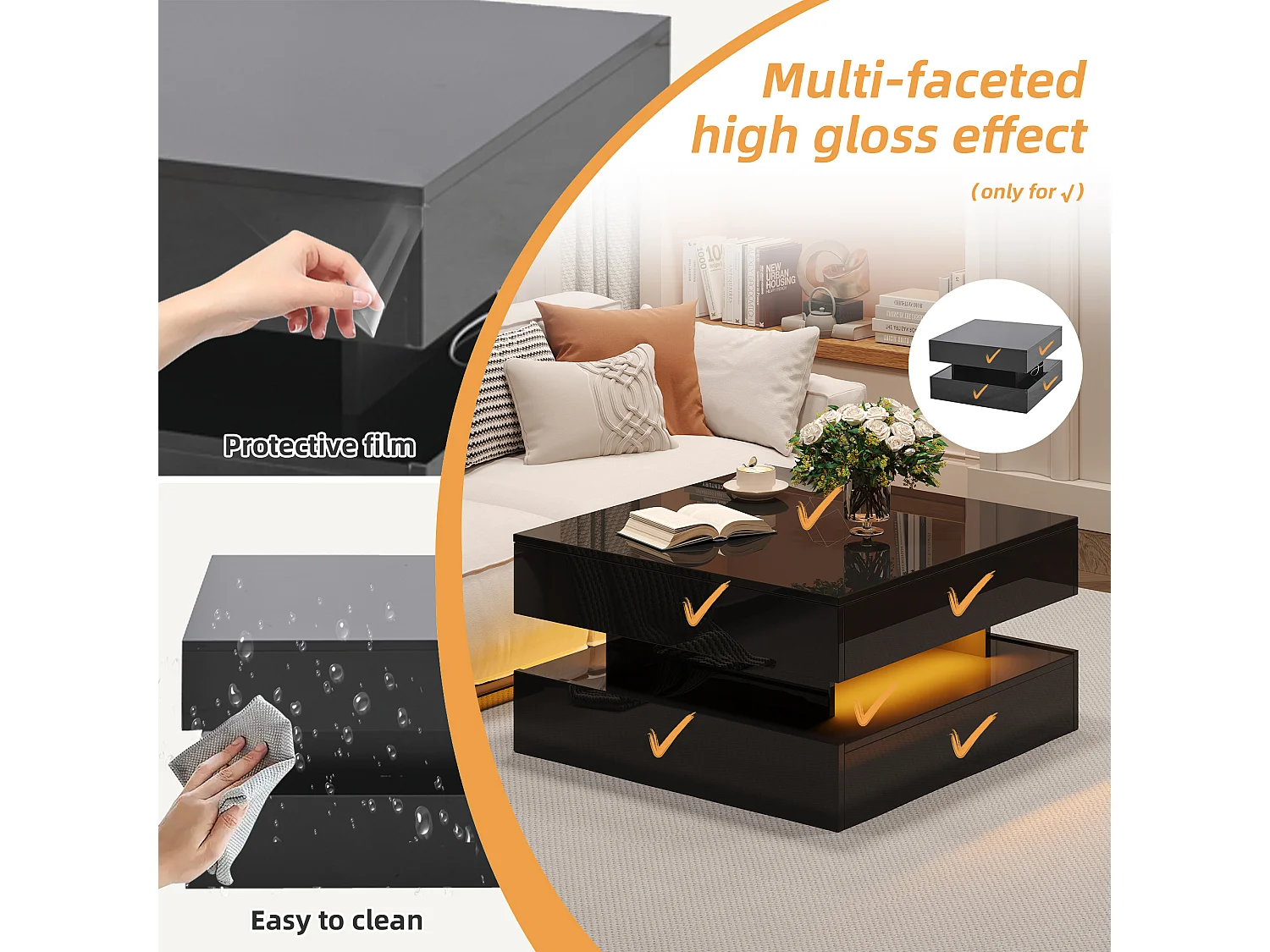 Lift-top coffee table 65x65x38.5 cm - glossy finish - with LED lighting - 2 drawers - black