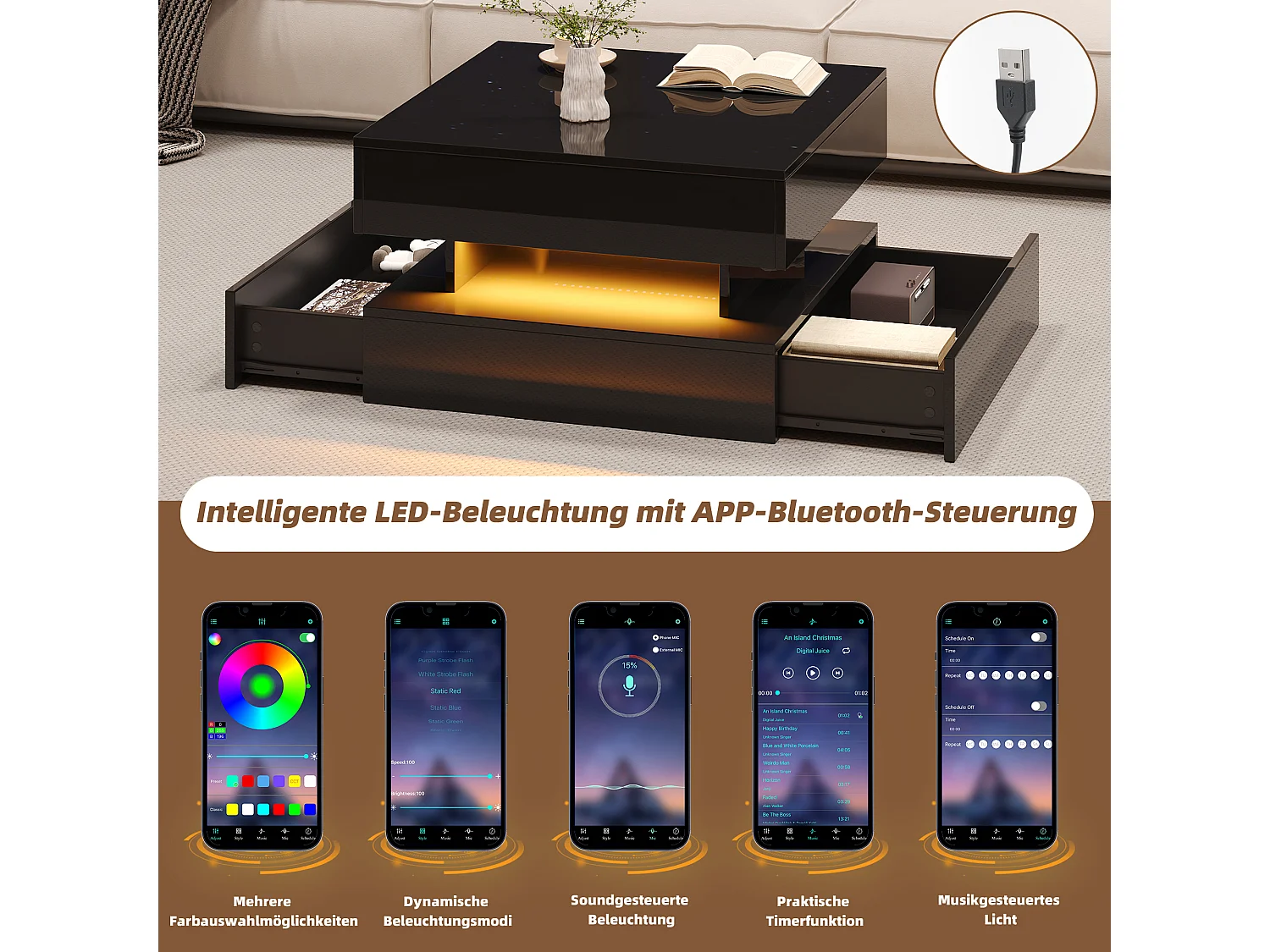 Lift-top coffee table 65x65x38.5 cm - glossy finish - with LED lighting - 2 drawers - black