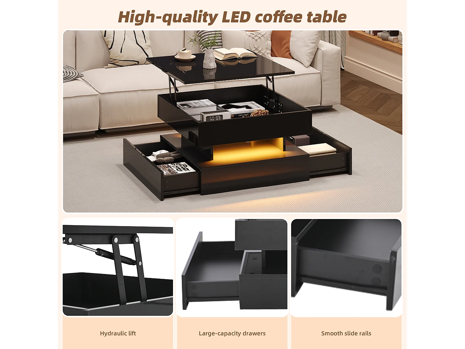 Lift-top coffee table 65x65x38.5 cm - glossy finish - with LED lighting - 2 drawers - black