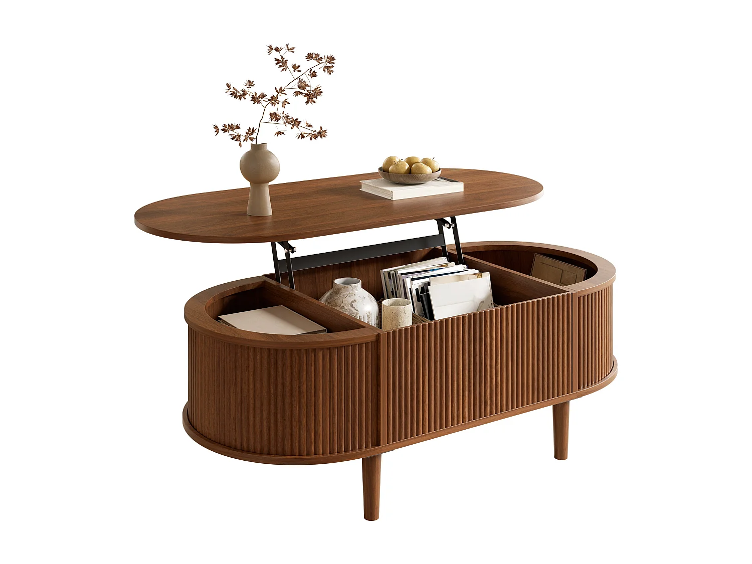 Ovaler Couchtisch mit Hebemechanismus für das Wohnzimmer – 100 x 48 x 54,5 cm – mit Stauraum – MDF – braun