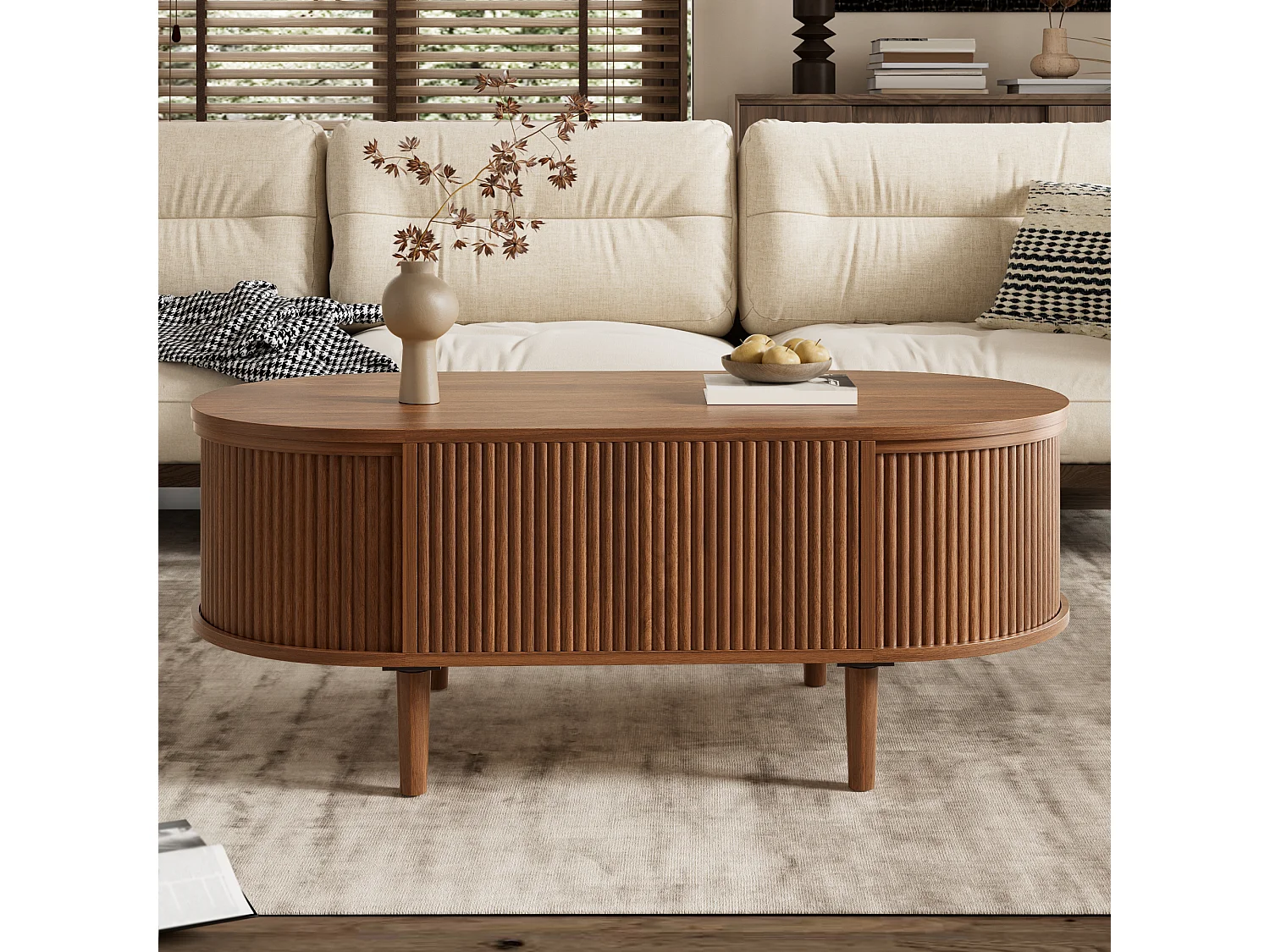 Ovaler Couchtisch mit Hebemechanismus für das Wohnzimmer – 100 x 48 x 54,5 cm – mit Stauraum – MDF – braun
