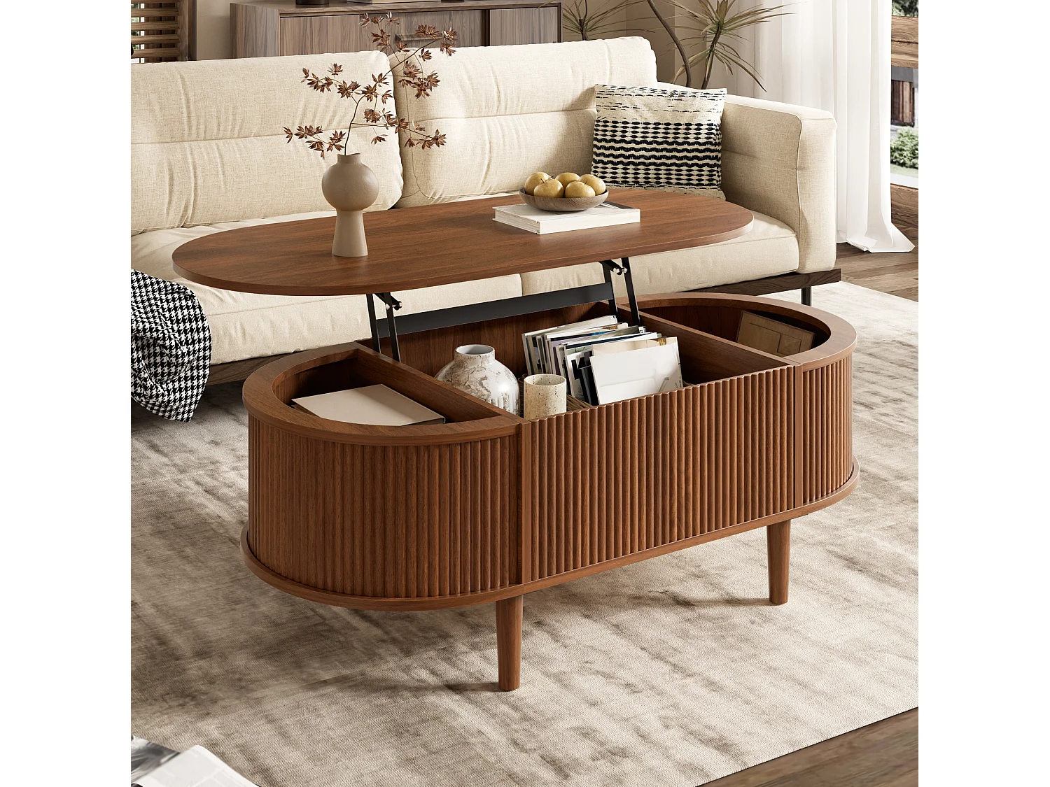 Ovaler Couchtisch mit Hebemechanismus für das Wohnzimmer – 100 x 48 x 54,5 cm – mit Stauraum – MDF – braun