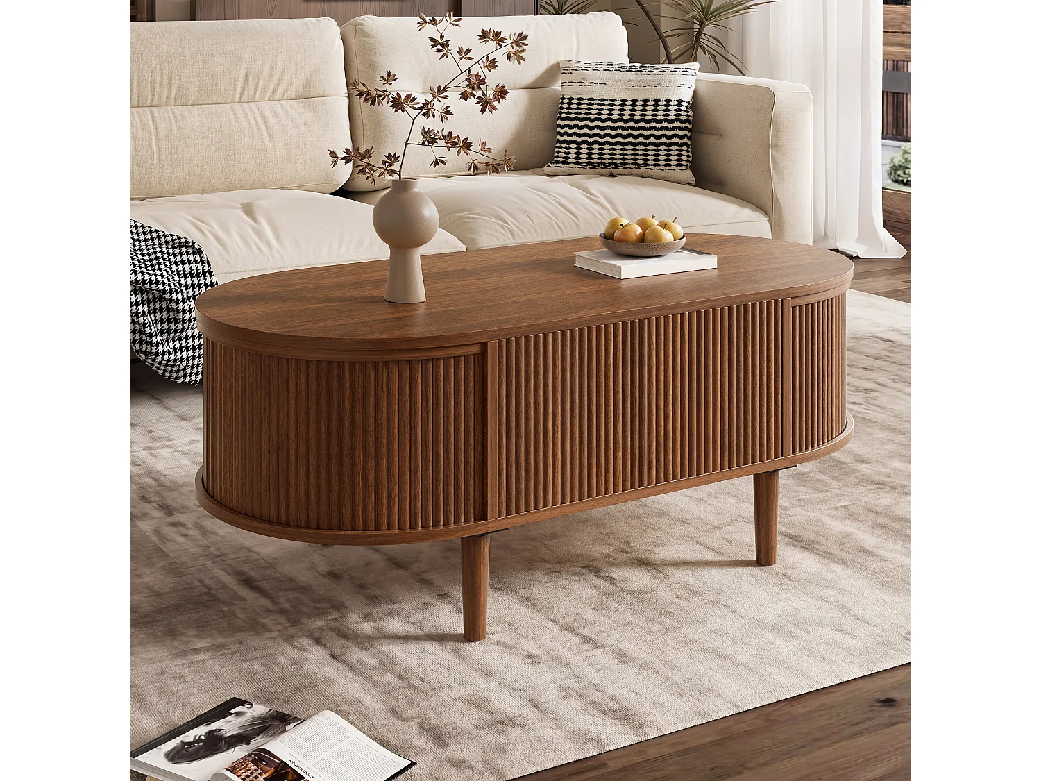 Ovaler Couchtisch mit Hebemechanismus für das Wohnzimmer – 100 x 48 x 54,5 cm – mit Stauraum – MDF – braun
