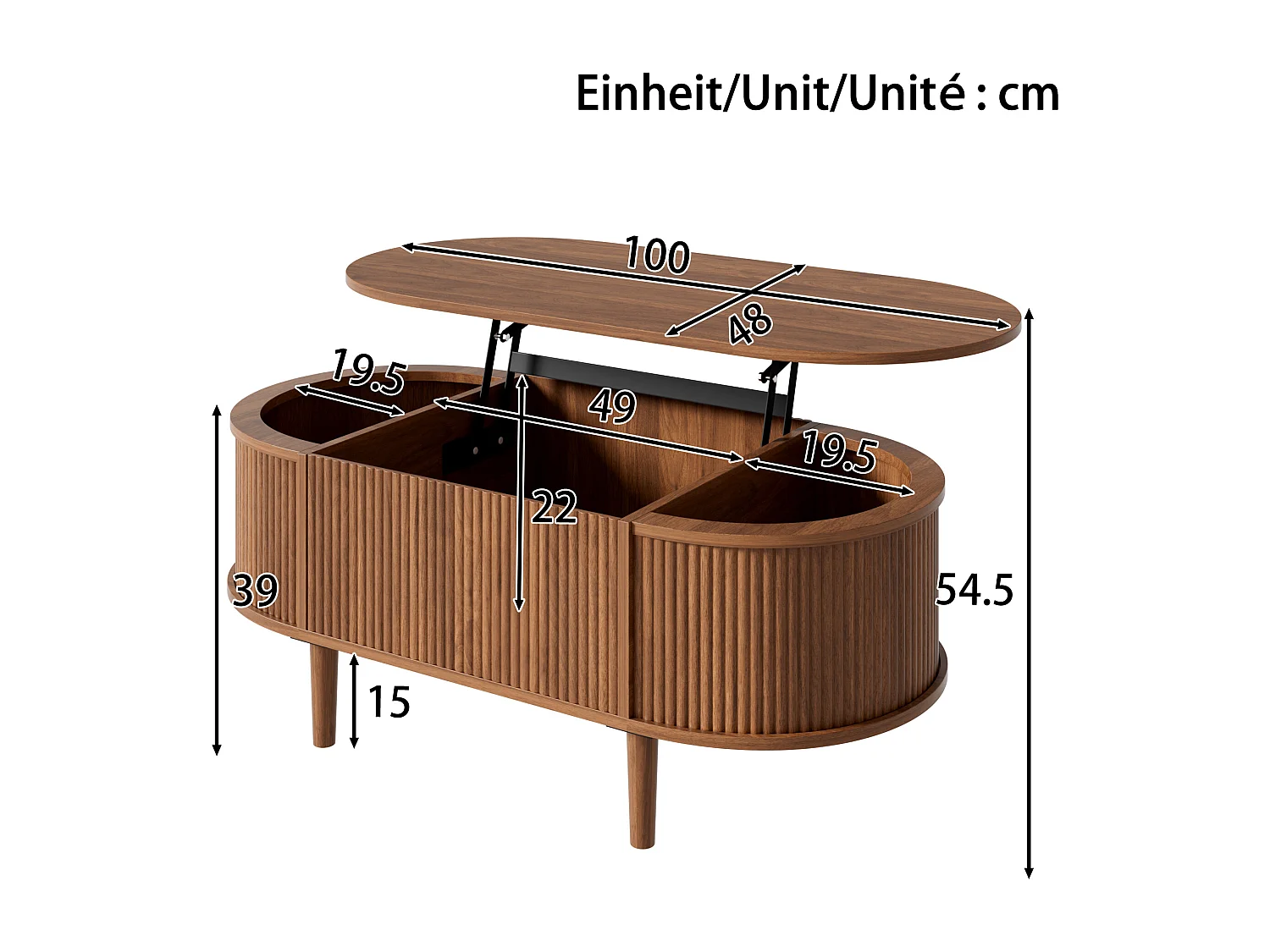 Ovaler Couchtisch mit Hebemechanismus für das Wohnzimmer – 100 x 48 x 54,5 cm – mit Stauraum – MDF – braun
