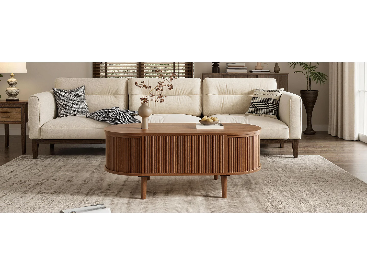 Ovaler Couchtisch mit Hebemechanismus für das Wohnzimmer – 100 x 48 x 54,5 cm – mit Stauraum – MDF – braun