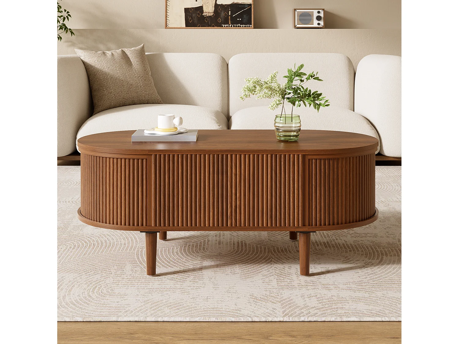 Ovale uitschuifbare salontafel met golvend patroon - met opbergruimte - poten van massief hout - houtlook - MDF - bruin