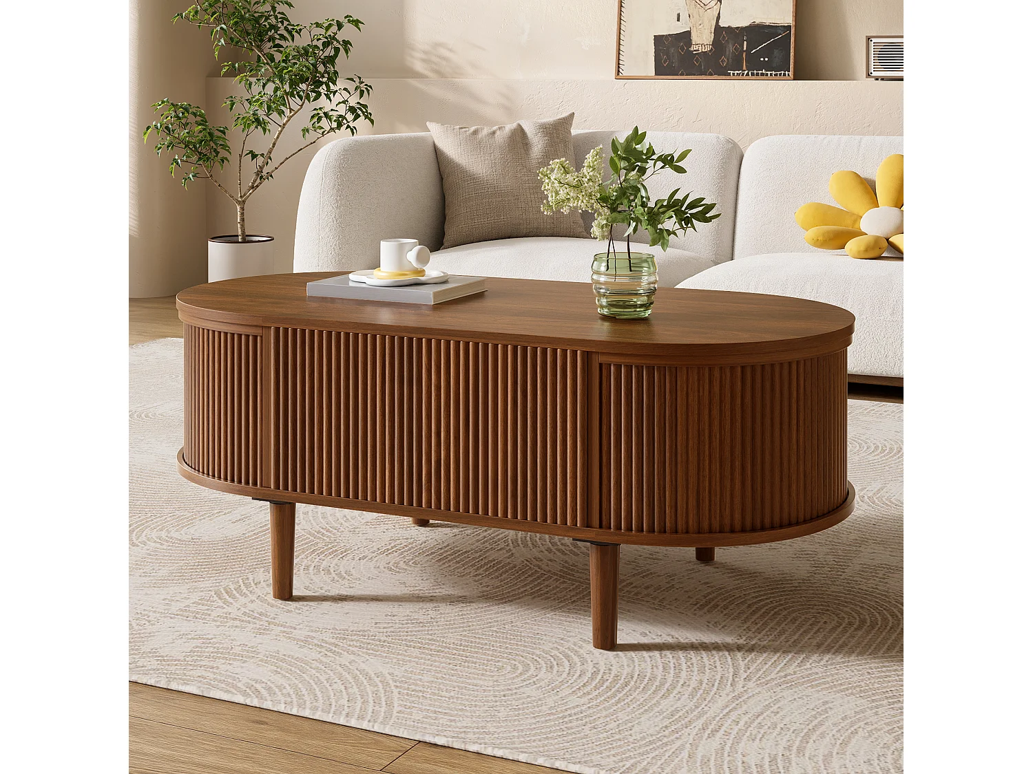 Ovale uitschuifbare salontafel met golvend patroon - met opbergruimte - poten van massief hout - houtlook - MDF - bruin