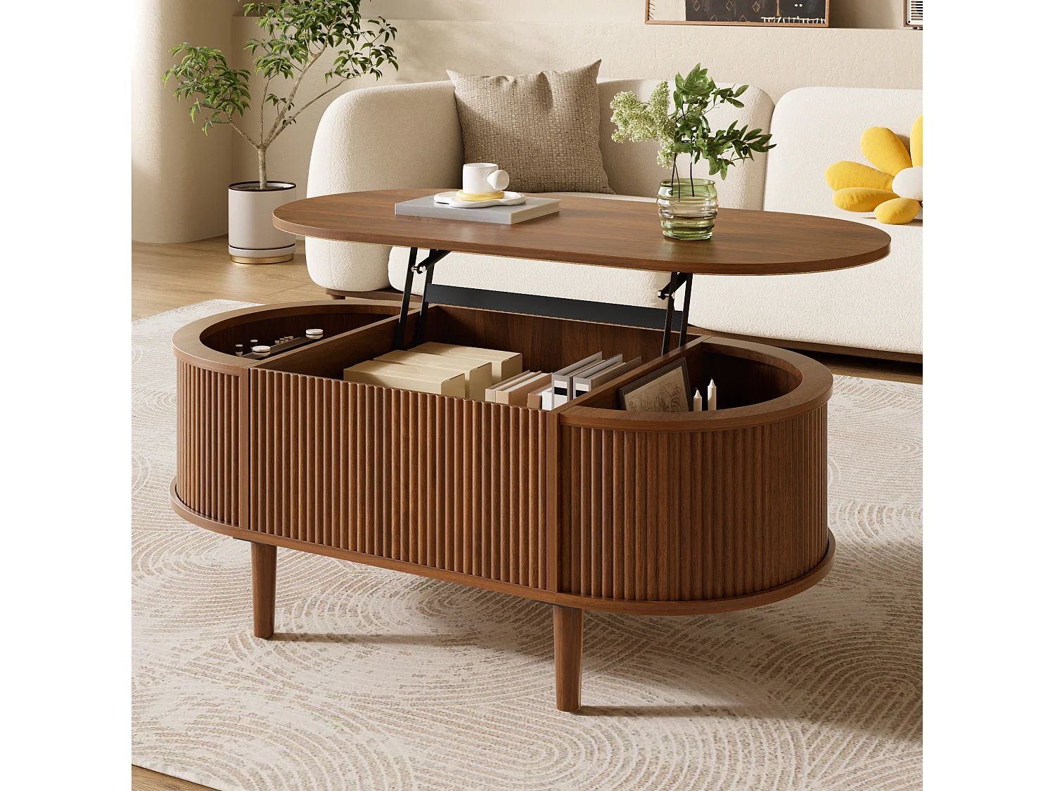 Ovale uitschuifbare salontafel met golvend patroon - met opbergruimte - poten van massief hout - houtlook - MDF - bruin