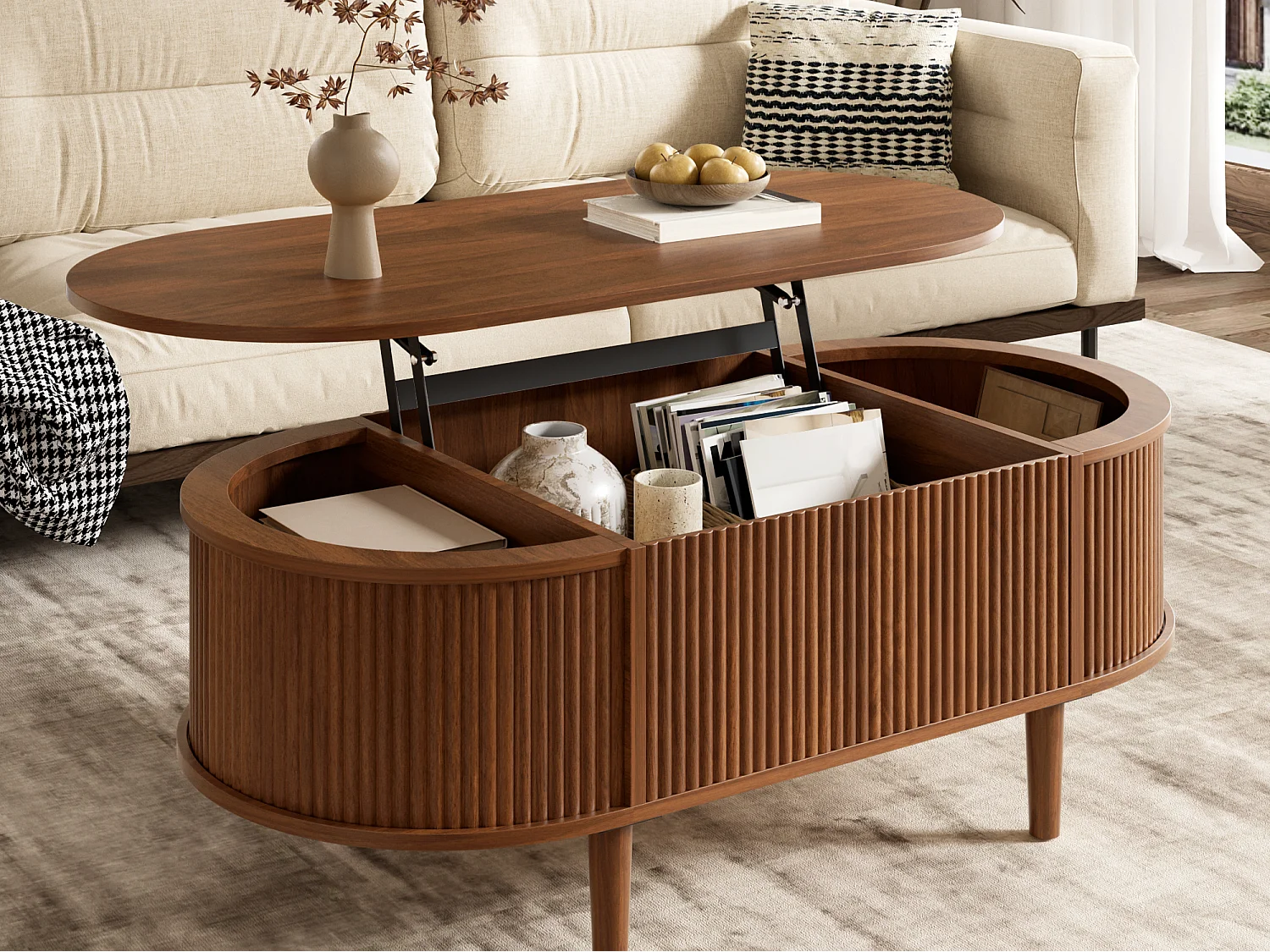 Ovale uitschuifbare salontafel met golvend patroon - met opbergruimte - poten van massief hout - houtlook - MDF - bruin