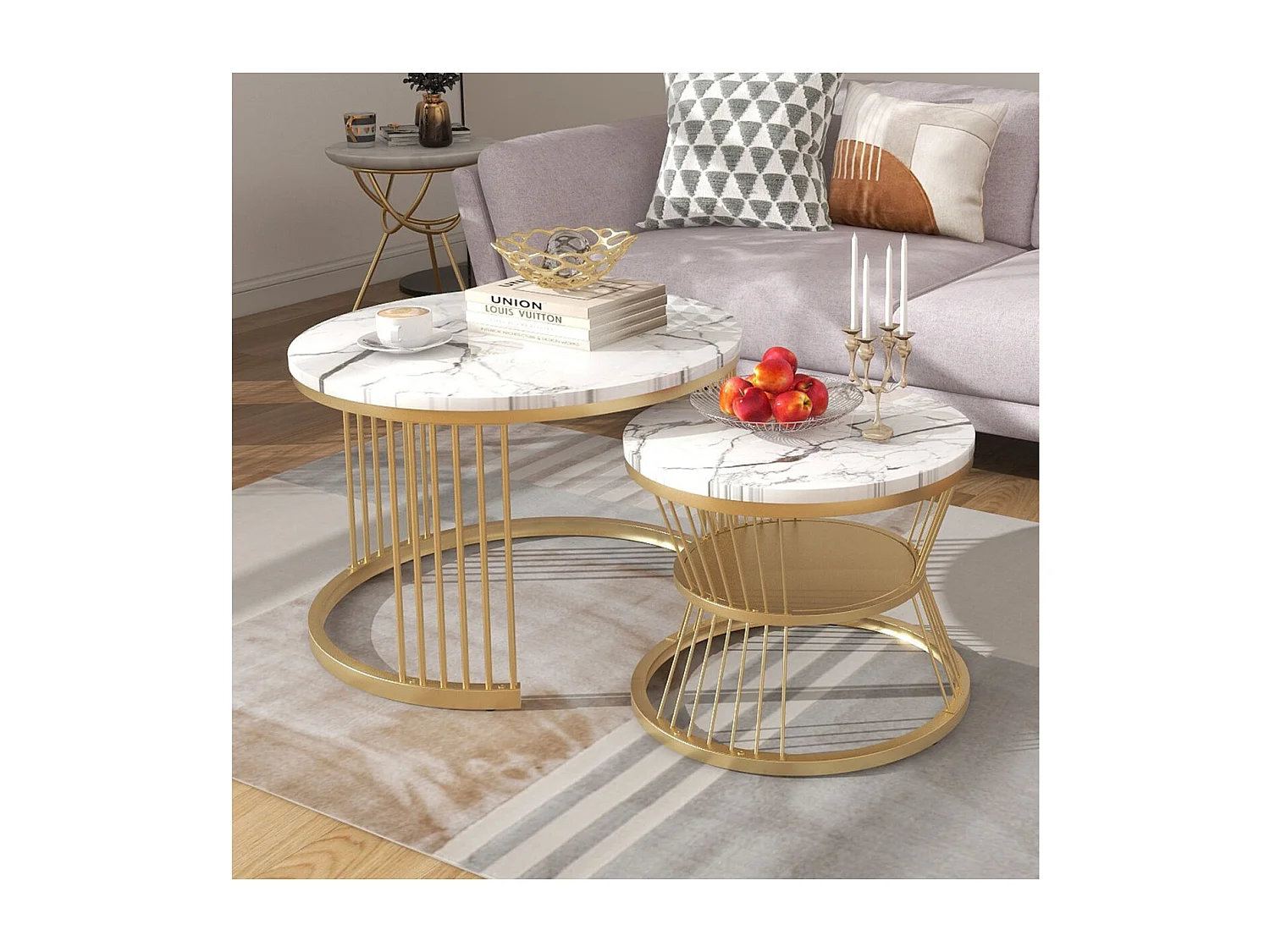 Lot de 2 tables basses gigognes rondes effet marbre, table basse avec structure métal doré, tables salon design moderne，Blanc