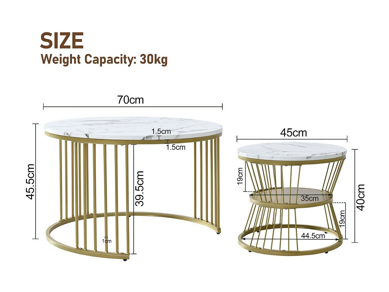 Lot de 2 tables basses gigognes rondes effet marbre, table basse avec structure métal doré, tables salon design moderne，Blanc