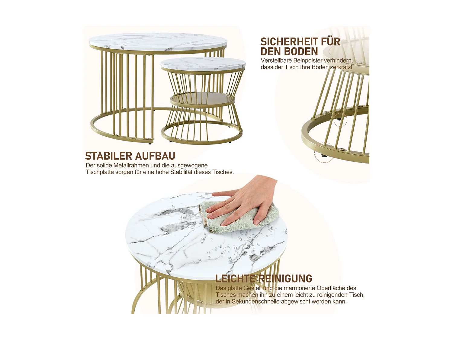 Lot de 2 tables basses gigognes rondes effet marbre, table basse avec structure métal doré, tables salon design moderne，Blanc