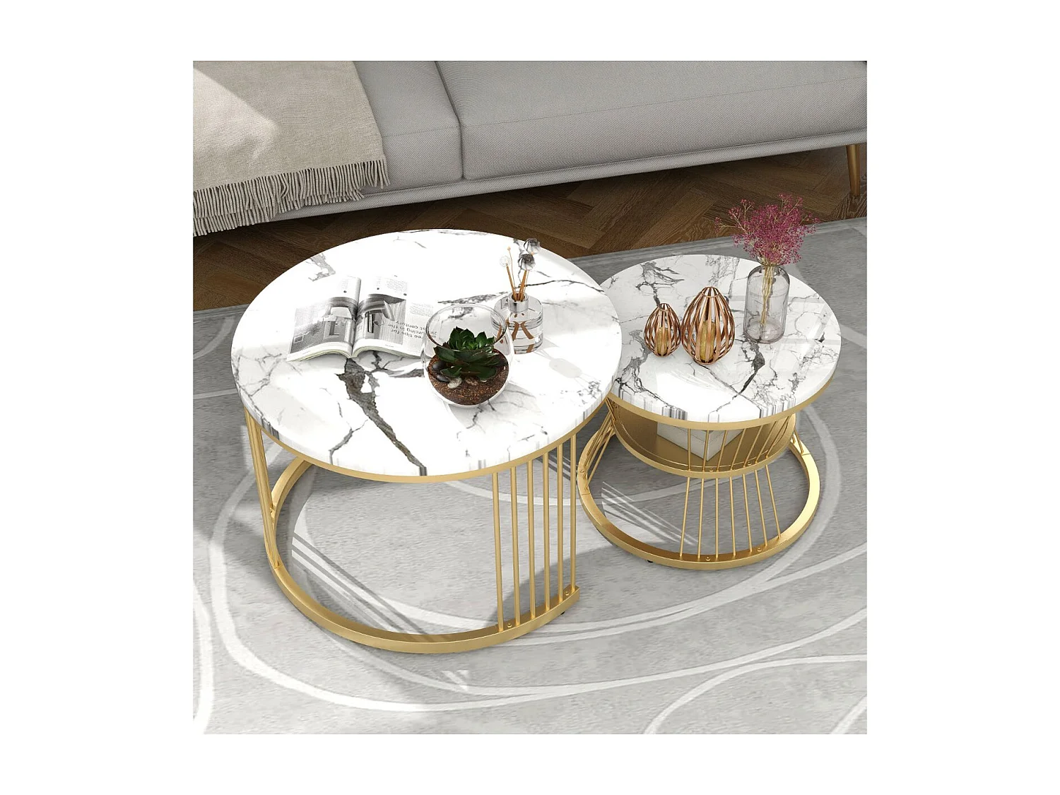 Lot de 2 tables basses gigognes rondes effet marbre, table basse avec structure métal doré, tables salon design moderne，Blanc