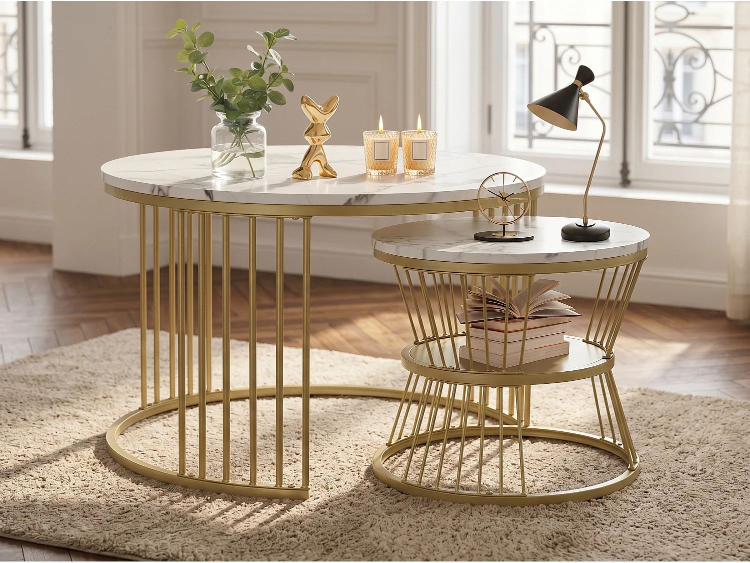 Lot de 2 tables basses gigognes rondes effet marbre, table basse avec structure métal doré, tables salon design moderne，Blanc