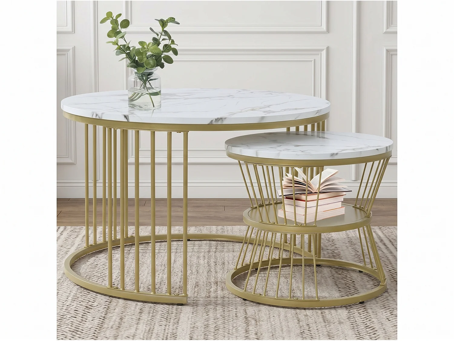Lot de 2 tables basses gigognes rondes effet marbre, table basse avec structure métal doré, tables salon design moderne，Blanc
