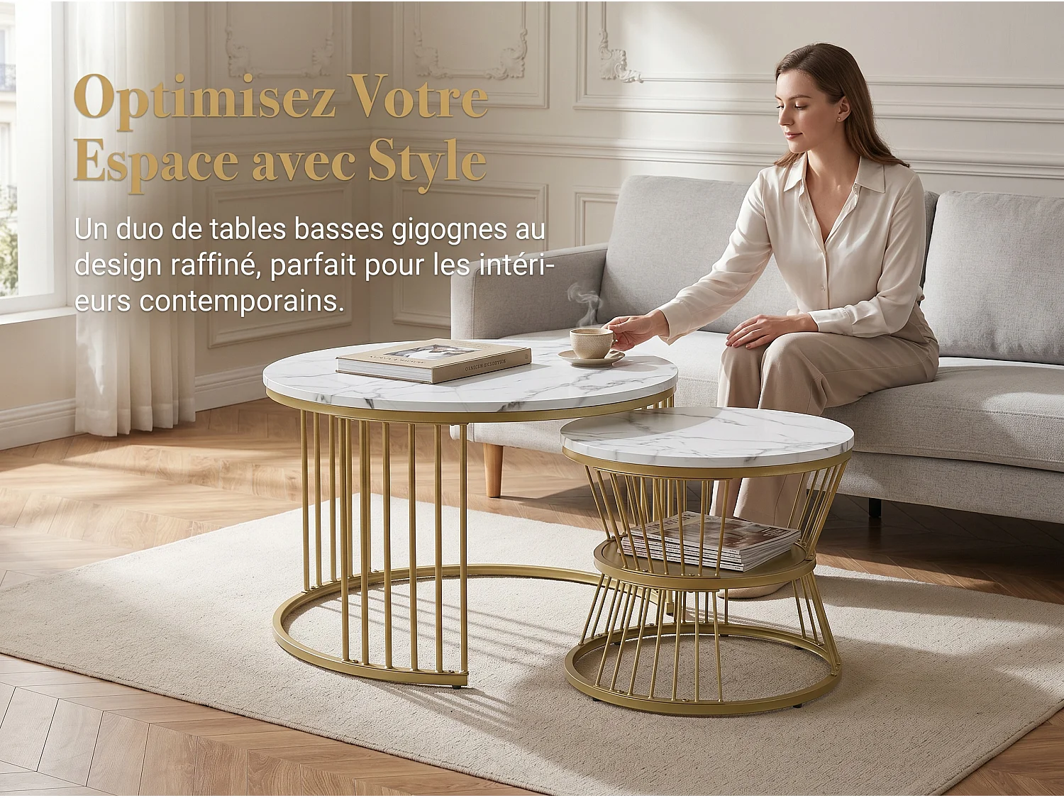 Lot de 2 tables basses gigognes rondes effet marbre, table basse avec structure métal doré, tables salon design moderne，Blanc
