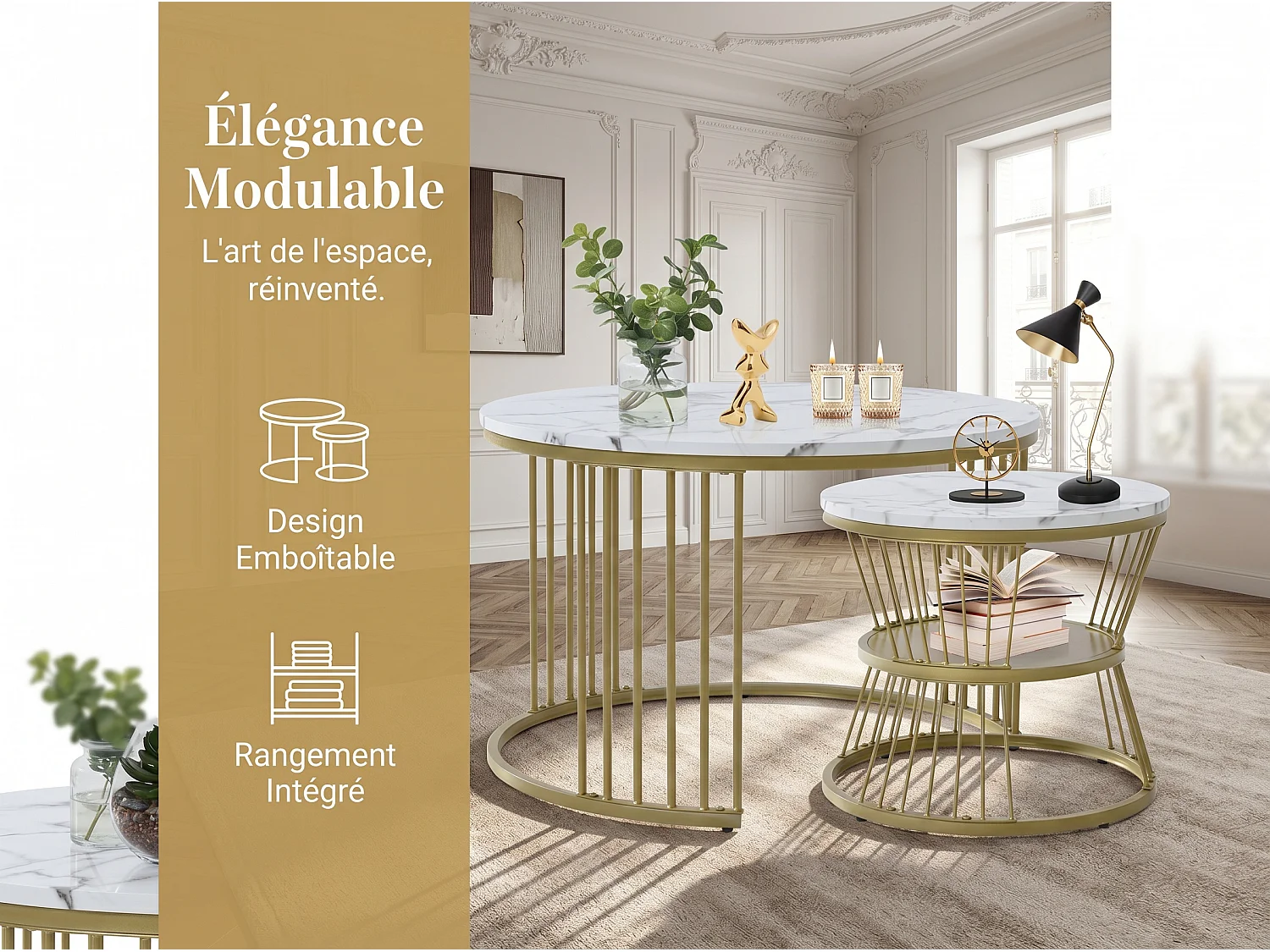 Lot de 2 tables basses gigognes rondes effet marbre, table basse avec structure métal doré, tables salon design moderne，Blanc