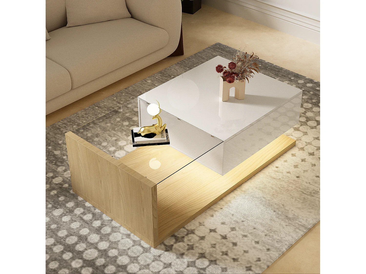 Coffee table with LED lighting - glass and particleboard - Natural