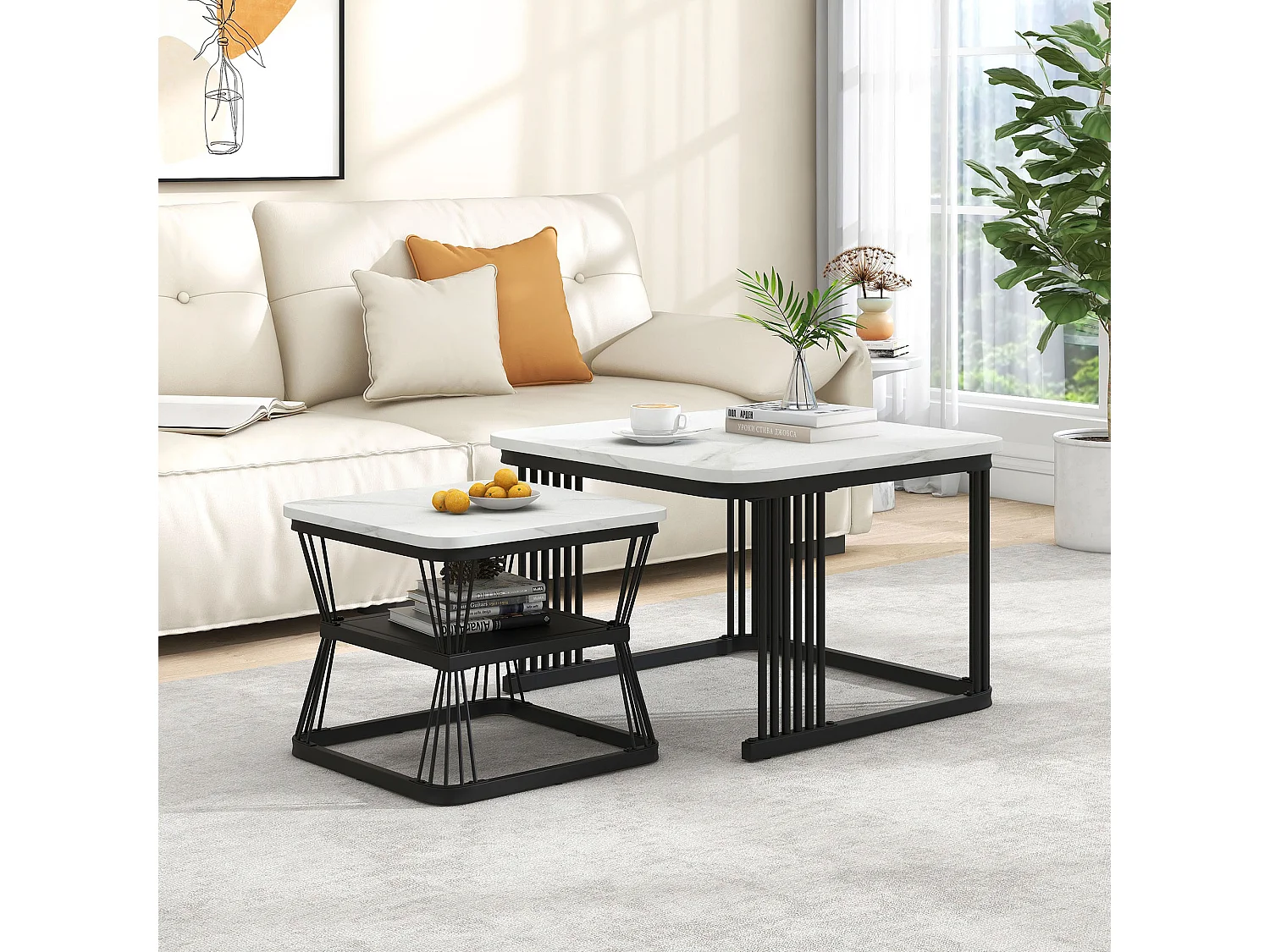 Set of 2 Nesting Tables - MDF Top with Marble Pattern - Steel Frame - Black