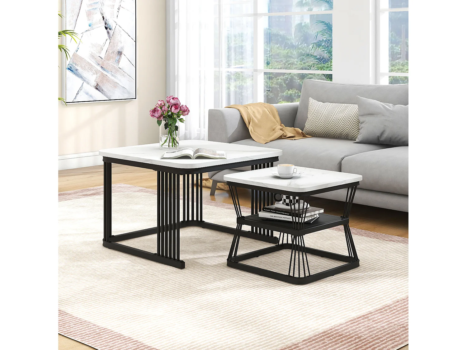 Set of 2 Nesting Tables - MDF Top with Marble Pattern - Steel Frame - Black