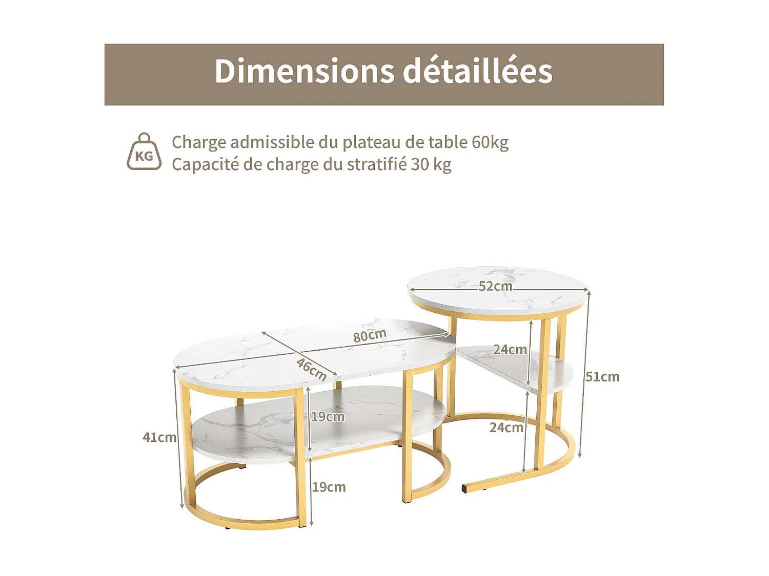 Tables basses gigognes marbre effet blanc, structure métal doré, table salon moderne avec rangement