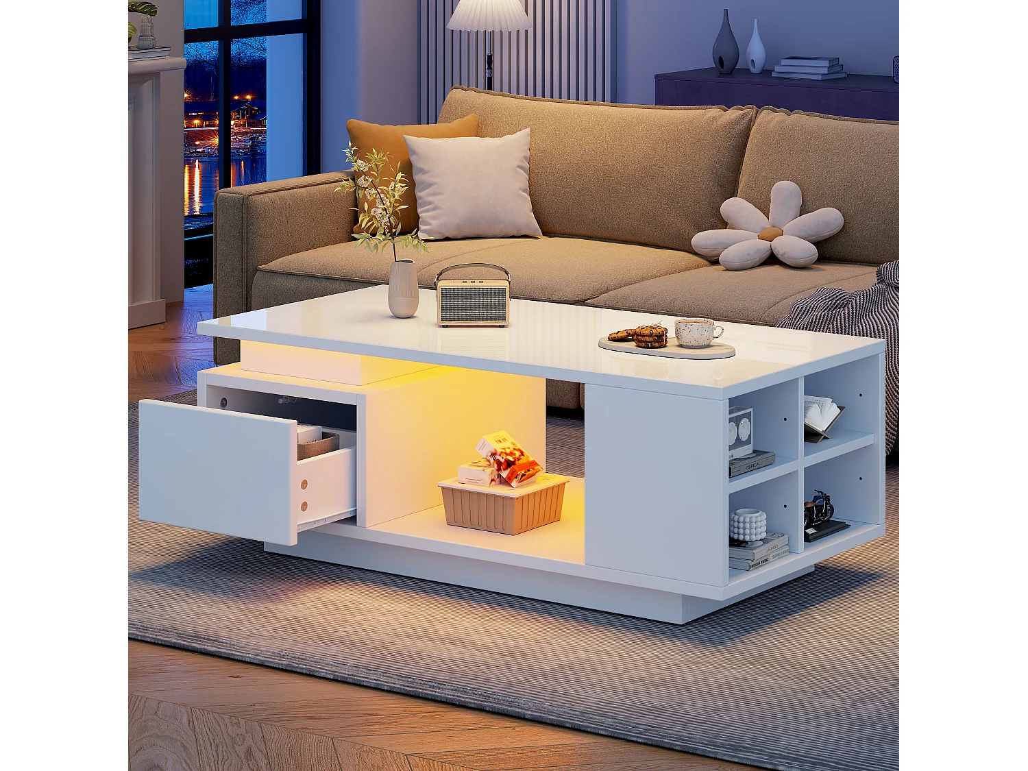 Glossy Lacquered Coffee Table 100x50x36 cm - with LED Lighting - with 1 Drawer - with 4 Storage Compartments - White