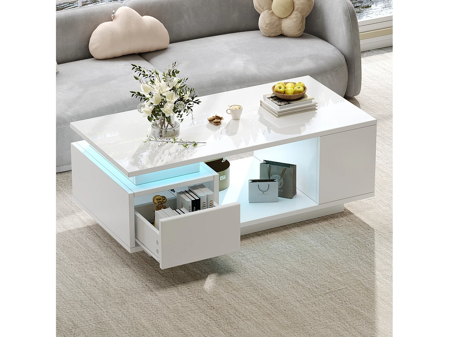 Glossy Lacquered Coffee Table 100x50x36 cm - with LED Lighting - with 1 Drawer - with 4 Storage Compartments - White