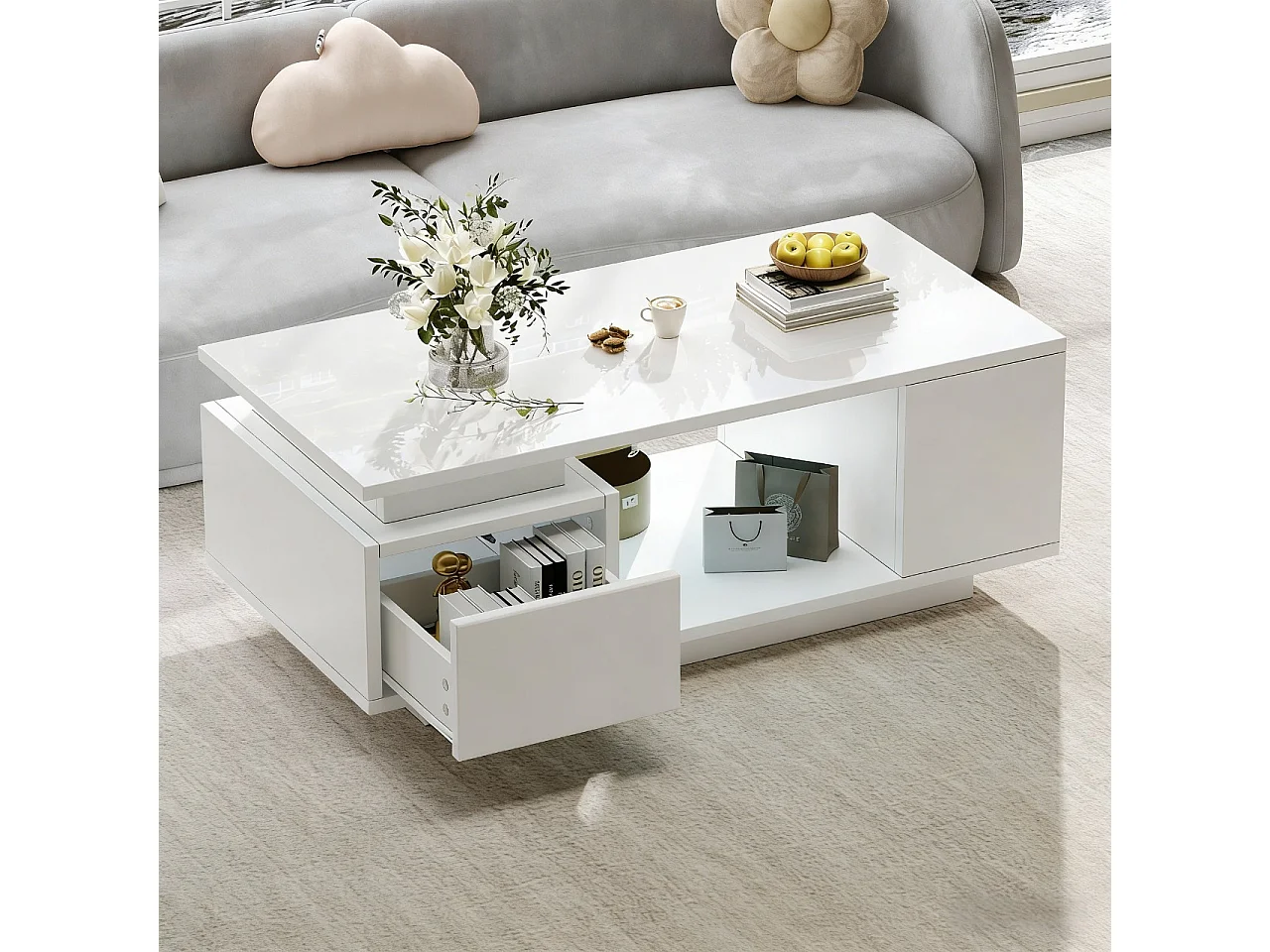 Glossy Lacquered Coffee Table 100x50x36 cm - with LED Lighting - with 1 Drawer - with 4 Storage Compartments - White
