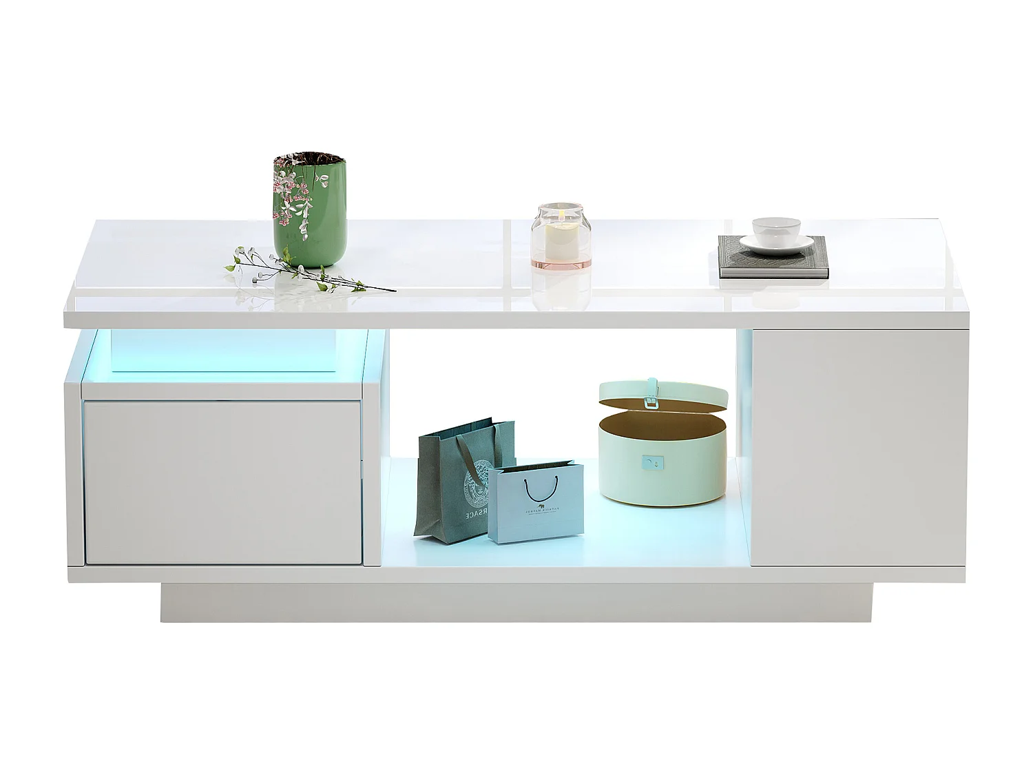 Glossy Lacquered Coffee Table 100x50x36 cm - with LED Lighting - with 1 Drawer - with 4 Storage Compartments - White