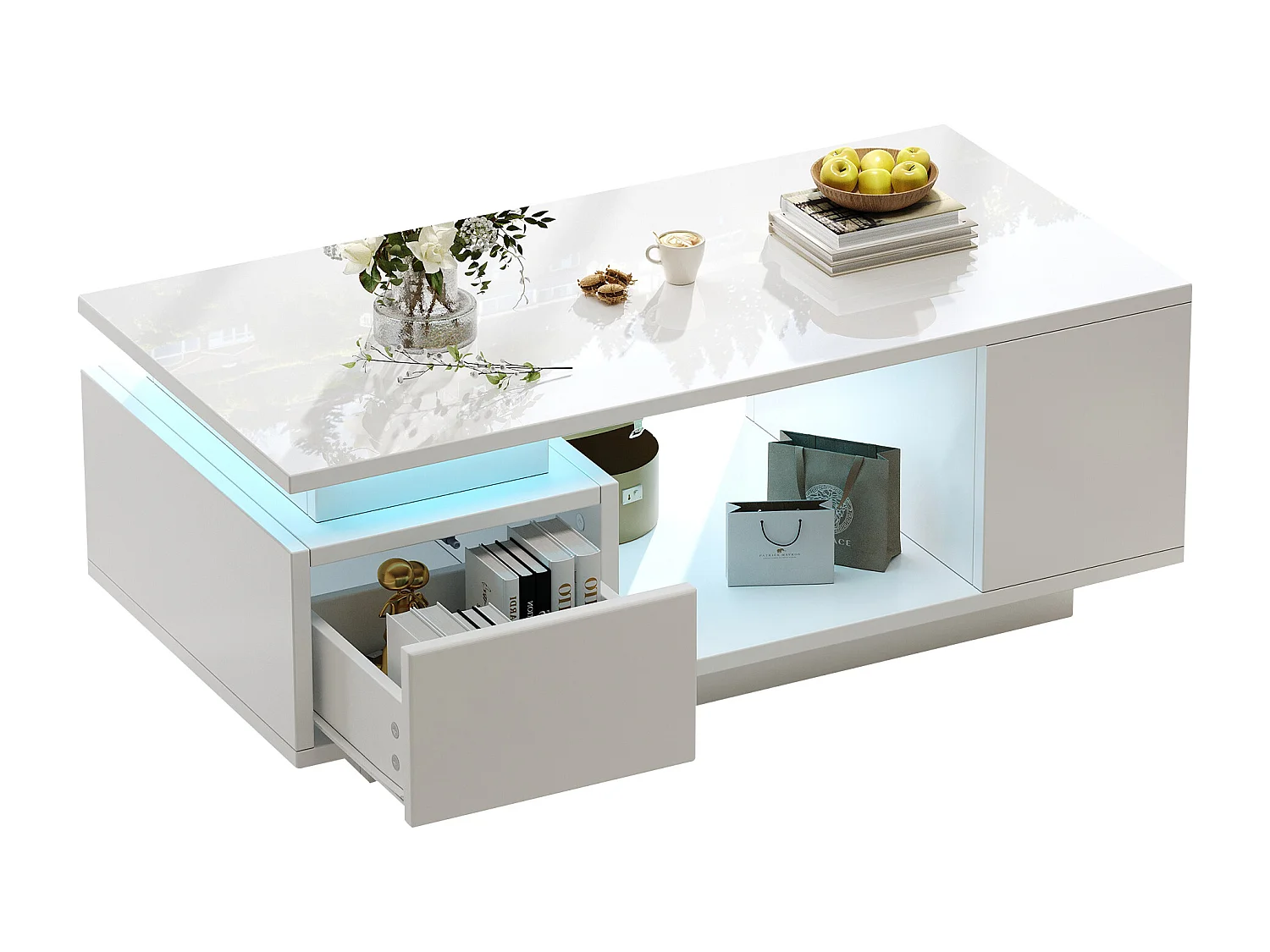 Glossy Lacquered Coffee Table 100x50x36 cm - with LED Lighting - with 1 Drawer - with 4 Storage Compartments - White