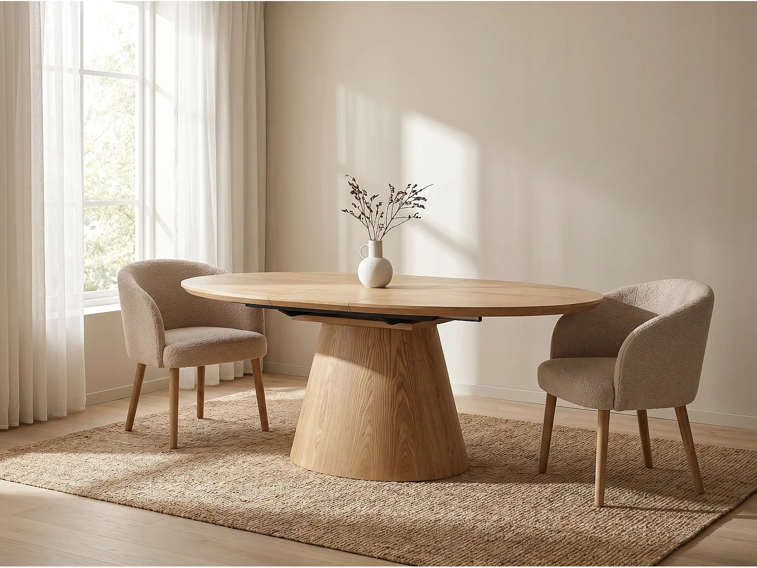 Table à manger Ovana - Extensible avec plateau et piétement en finition bois naturel 160 à 200 cm - Homeluxury