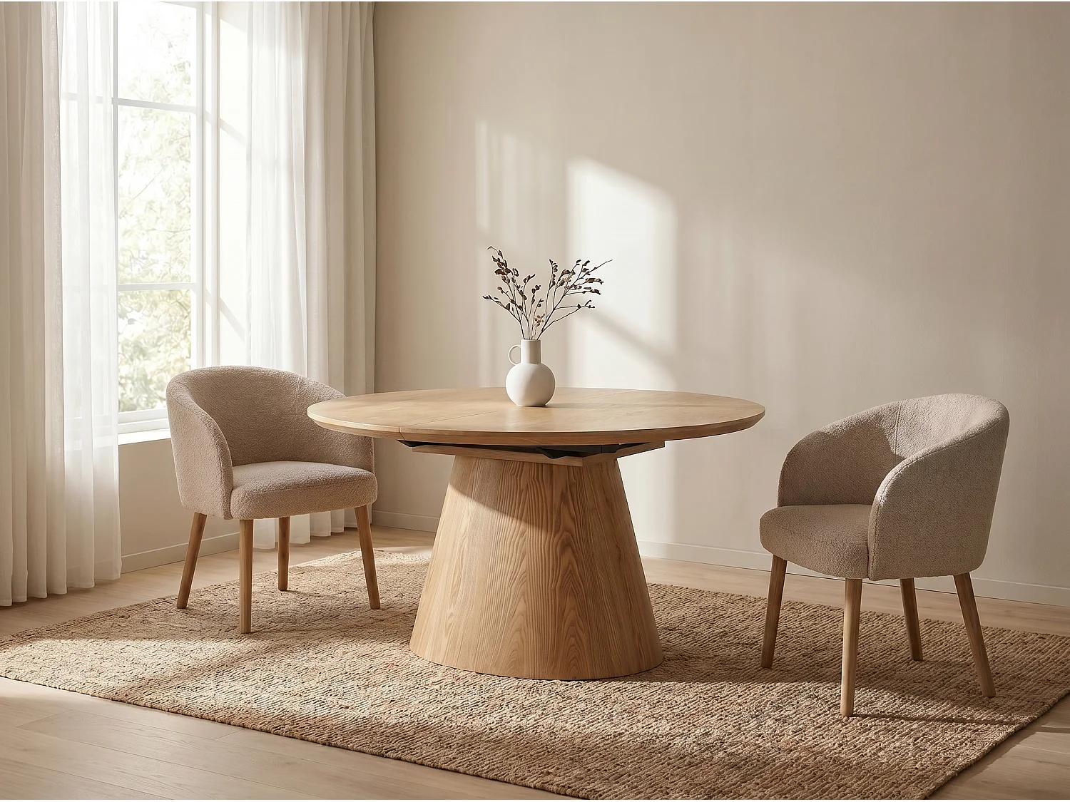 Table à manger Ovana - Extensible avec plateau et piétement en finition bois naturel 160 à 200 cm - Homeluxury