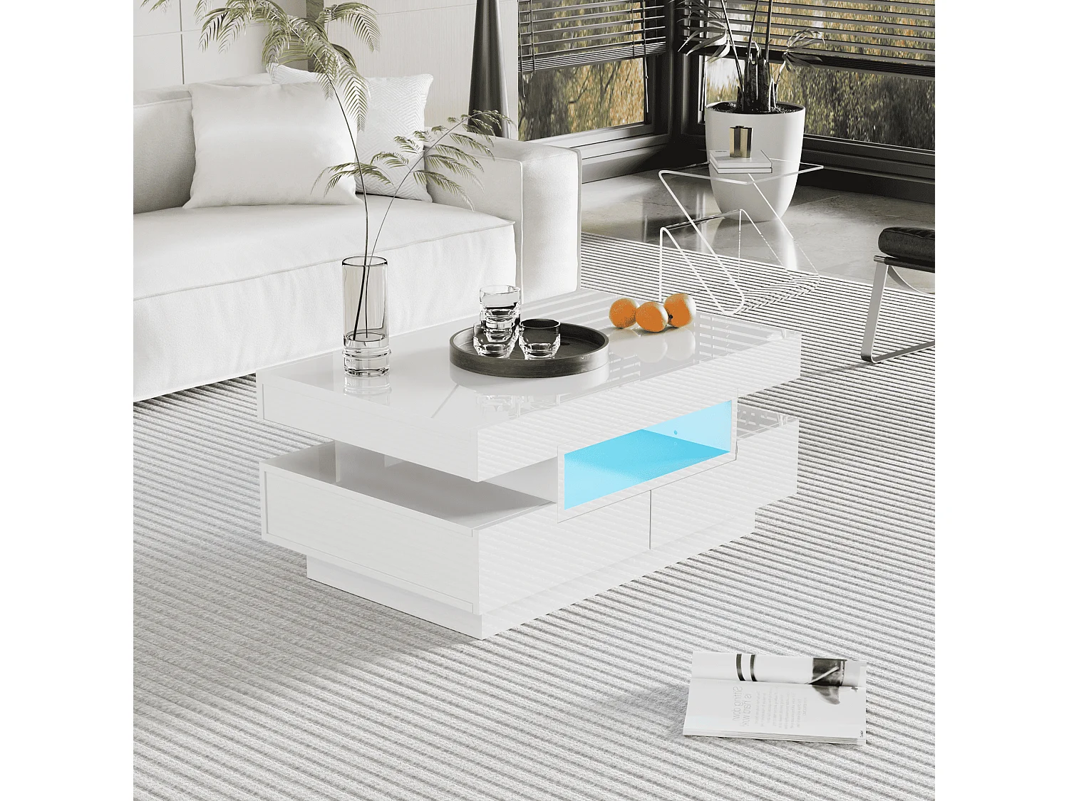 Coffee table with LED lighting - glossy finish - 4 drawers (front and back) - White