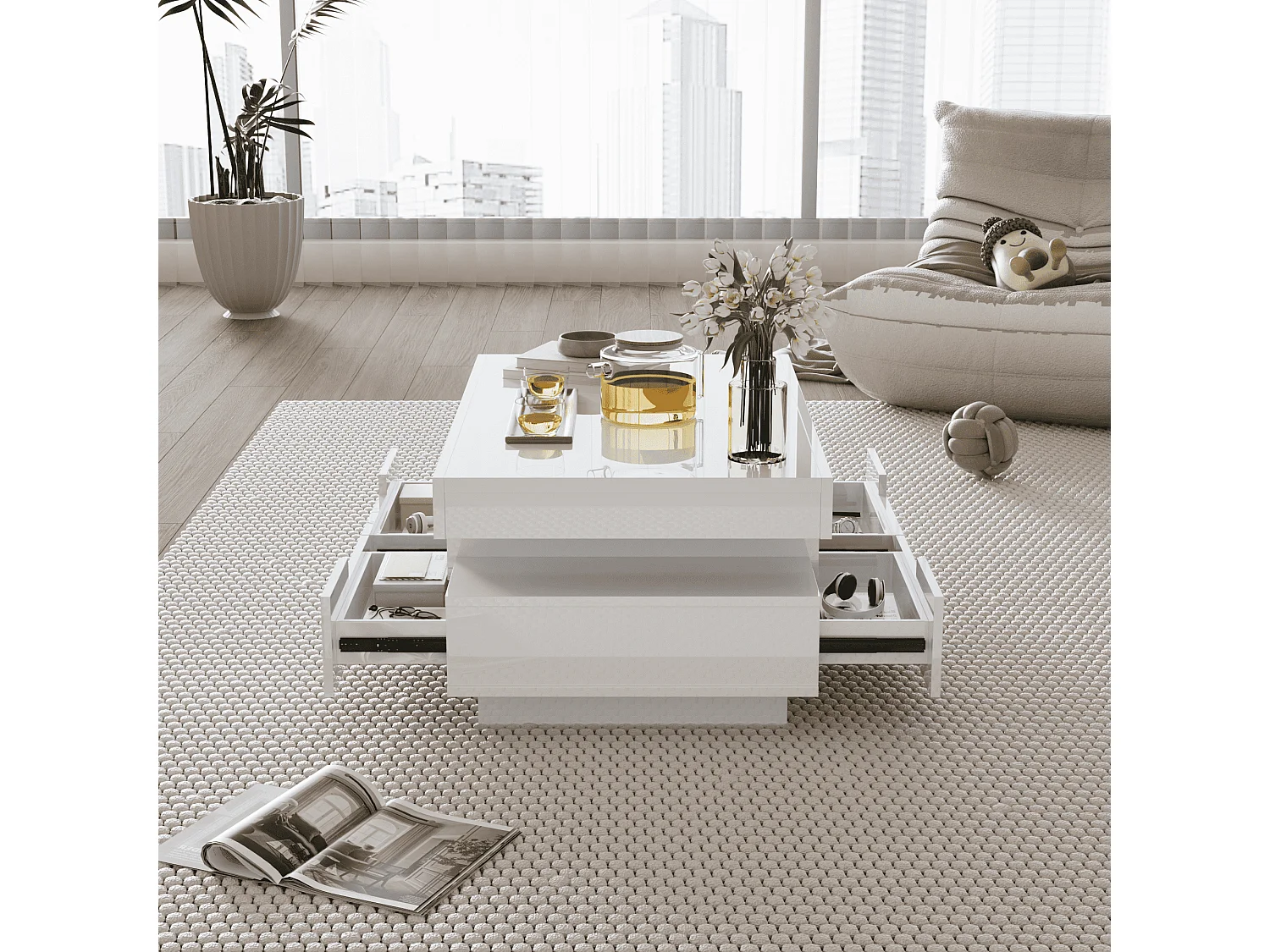 Coffee table with LED lighting - glossy finish - 4 drawers (front and back) - White